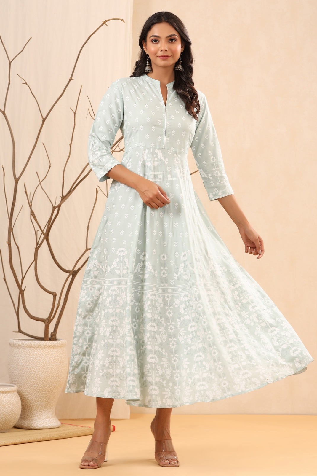 Women`s Mintgreen Rayon Printed A-Line Dress