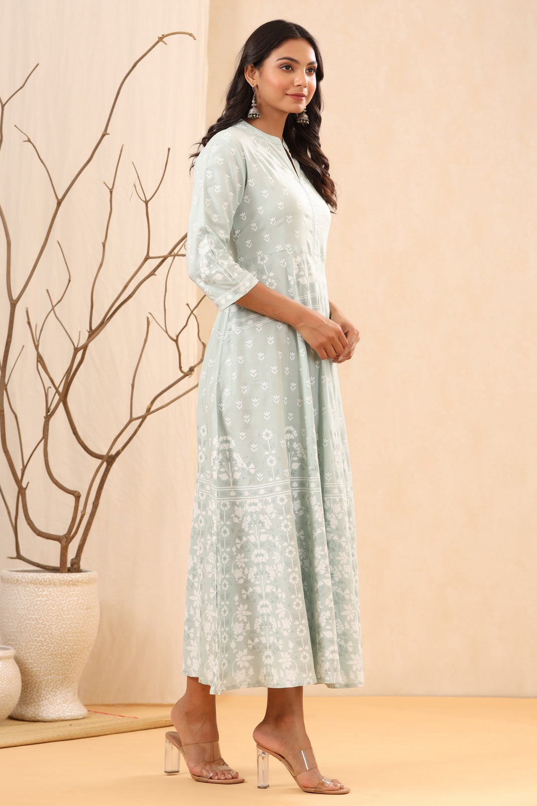 Women`s Mintgreen Rayon Printed A-Line Dress