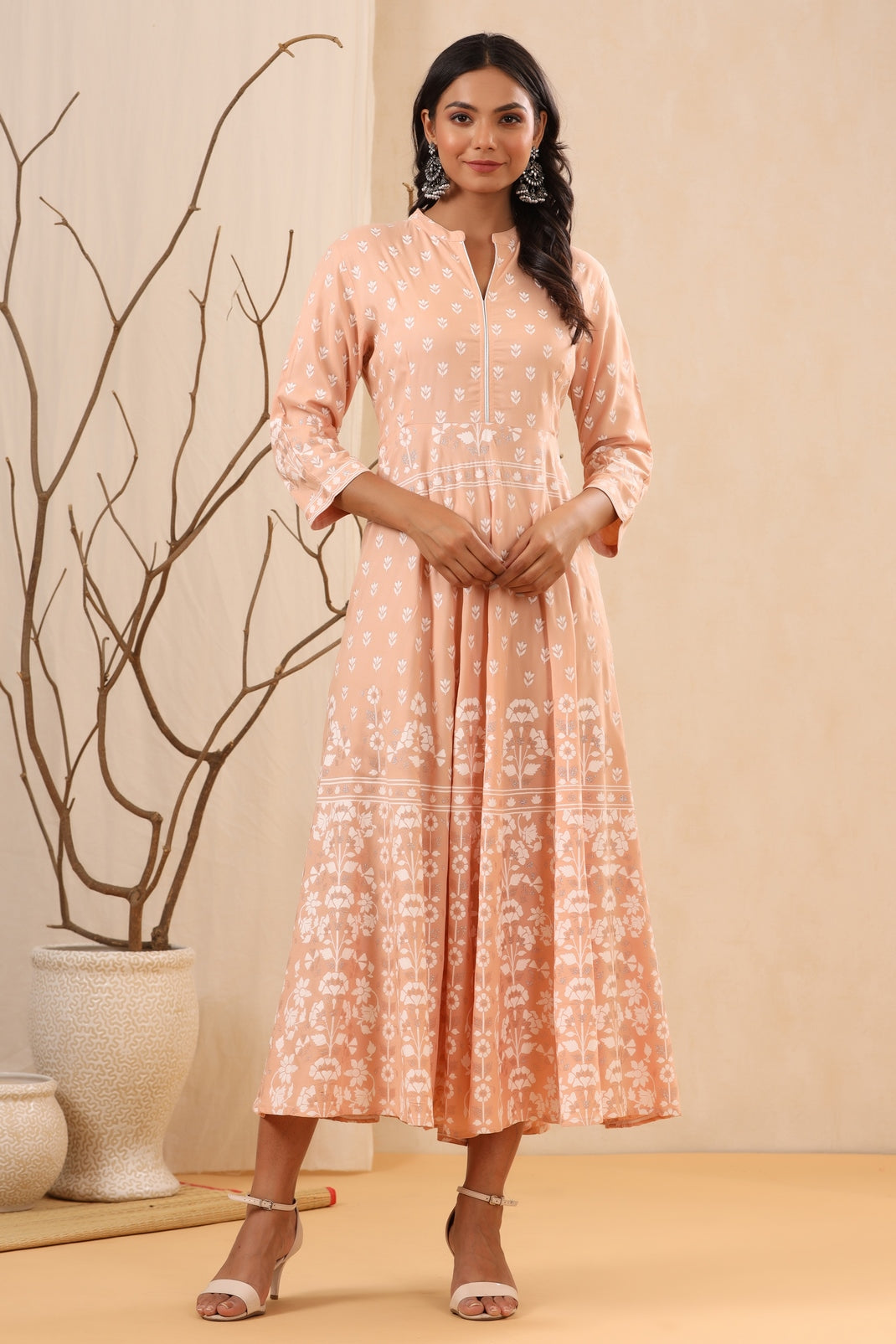 Women`s Peach Rayon Printed A-Line Dress Women`s Peach Rayon Printed A-Line Dress
