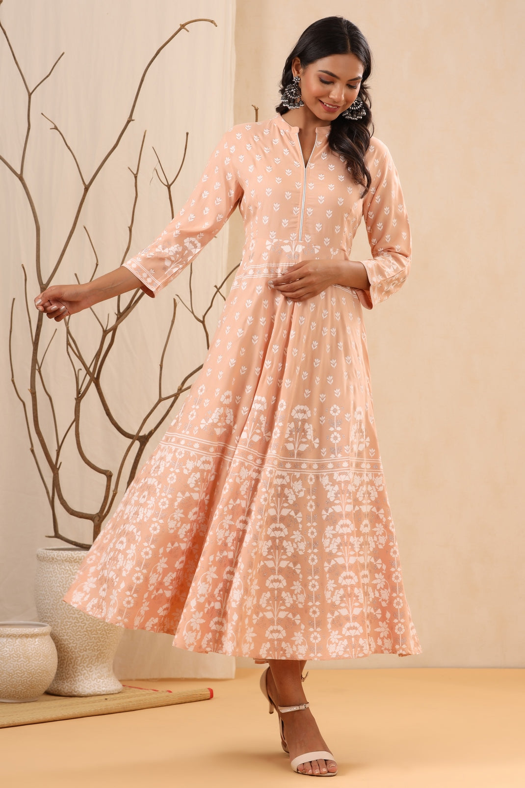 Women`s Peach Rayon Printed A-Line Dress
