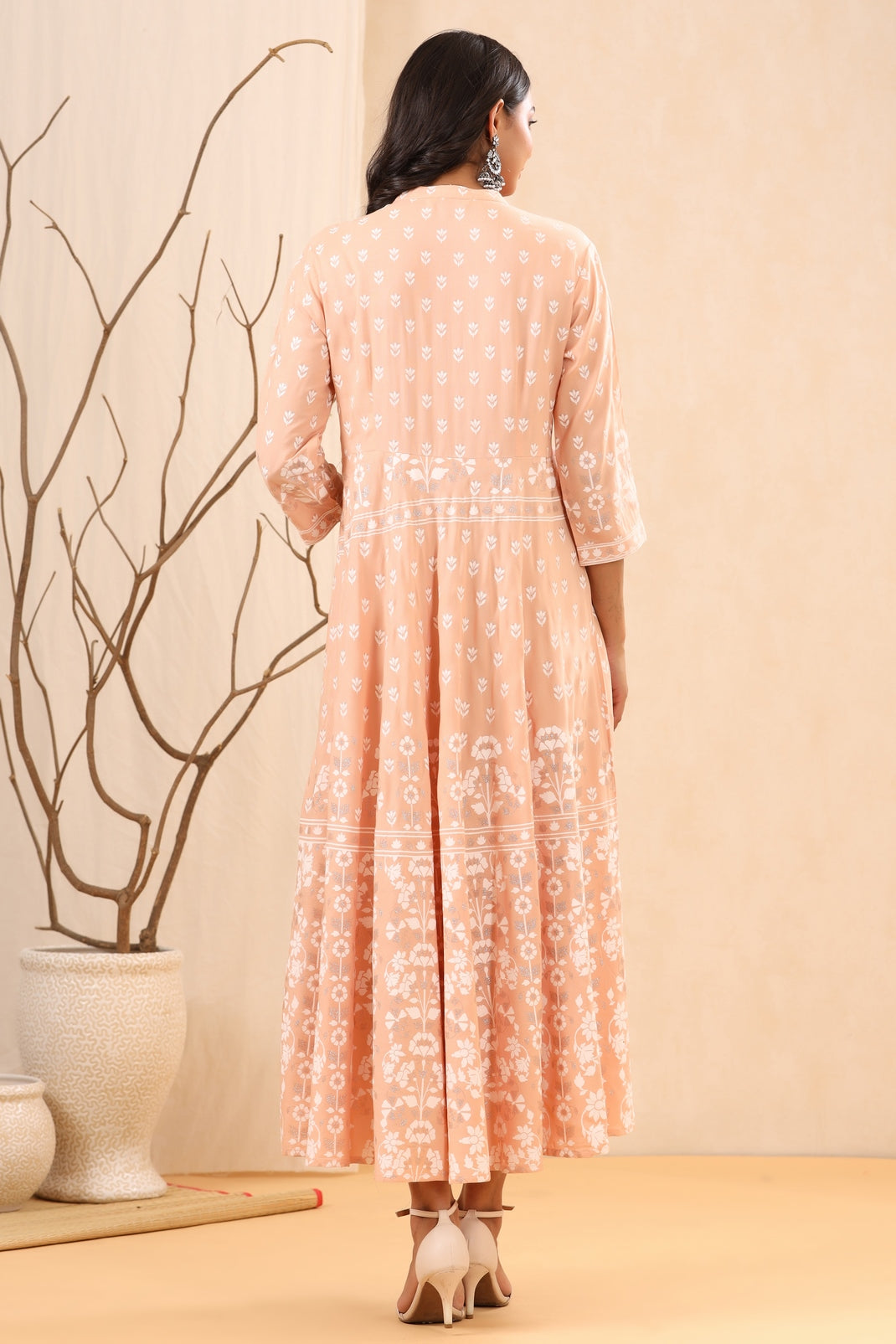 Women`s Peach Rayon Printed A-Line Dress