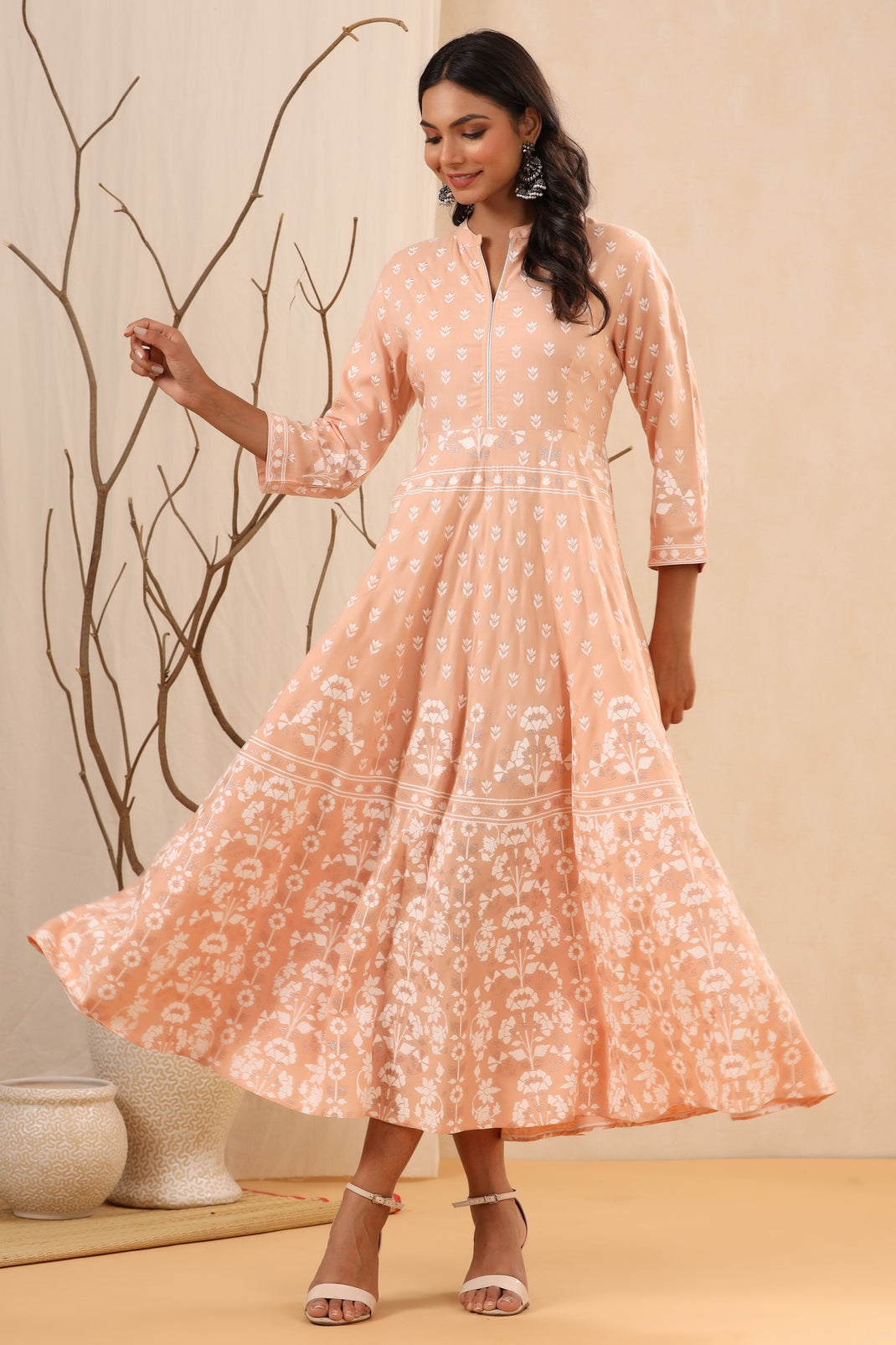 Women`s Peach Rayon Printed A-Line Dress