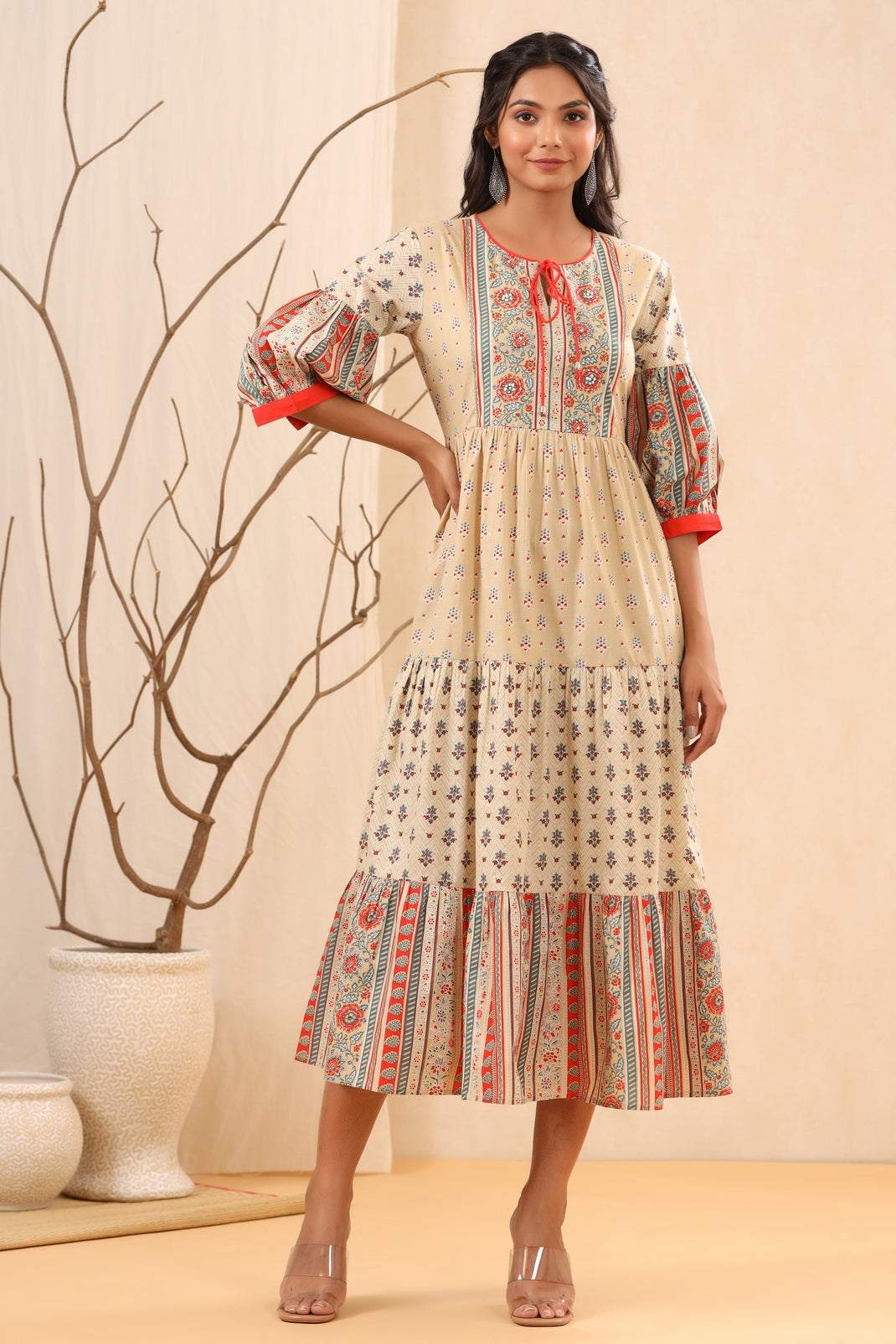 Women`s Beige Cambric Printed Tiered Dress