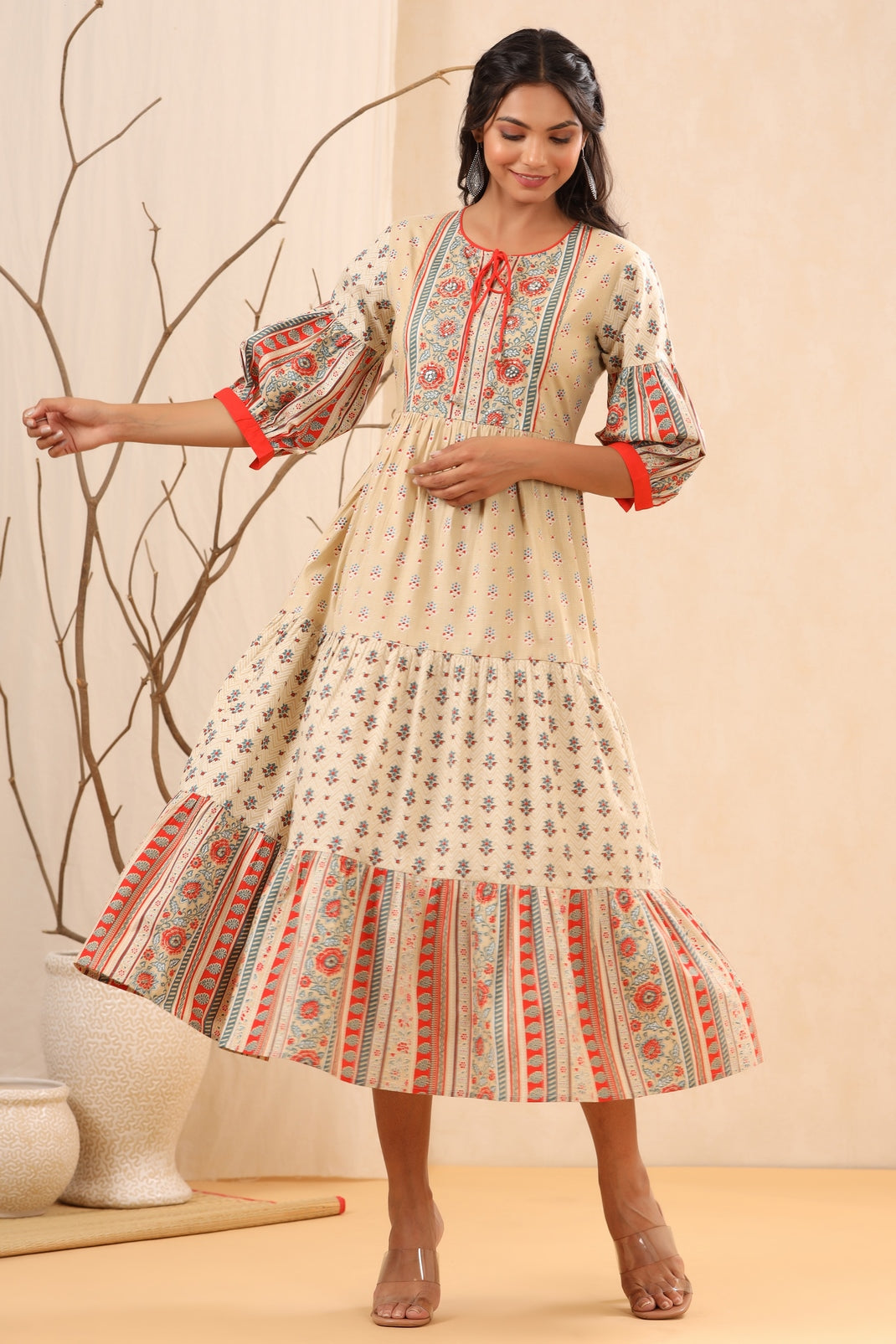 Women`s Beige Cambric Printed Tiered Dress