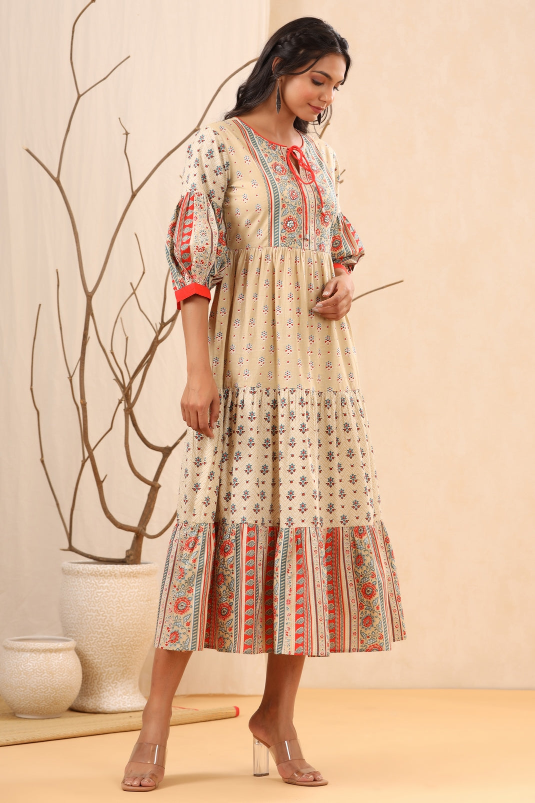 Women`s Beige Cambric Printed Tiered Dress