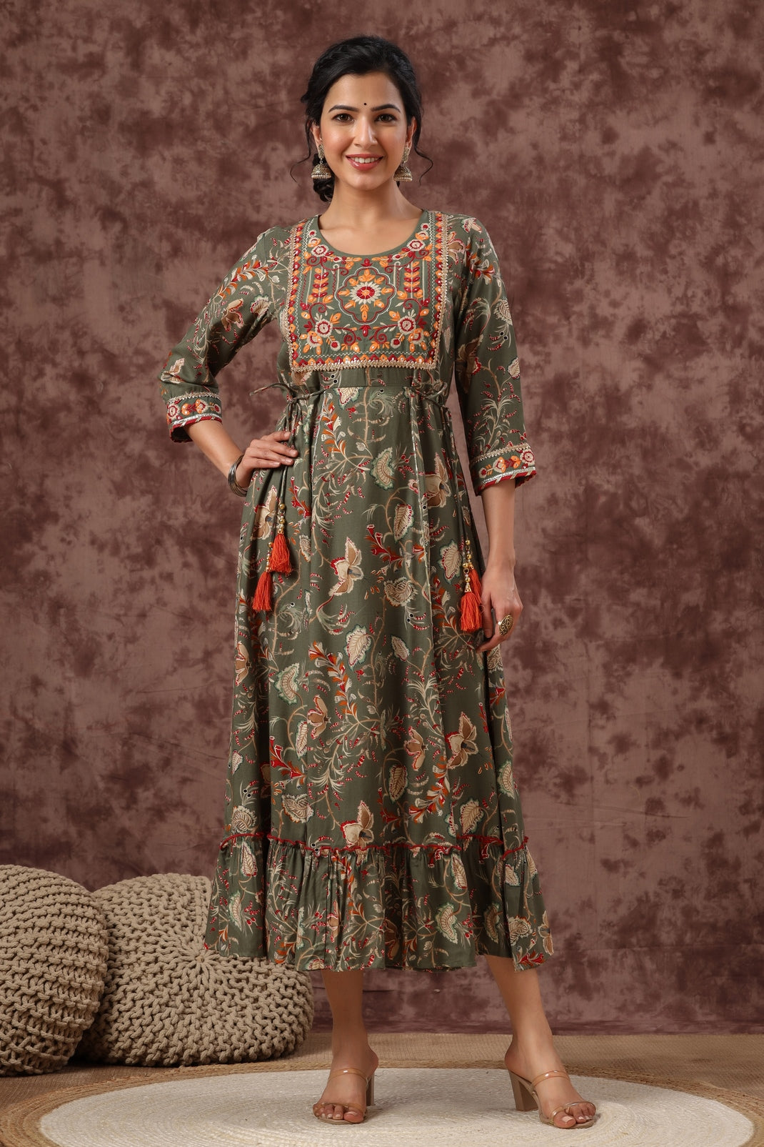 Women`s Mehandigreen Rayon Embroidered & Printed Tiered Dress