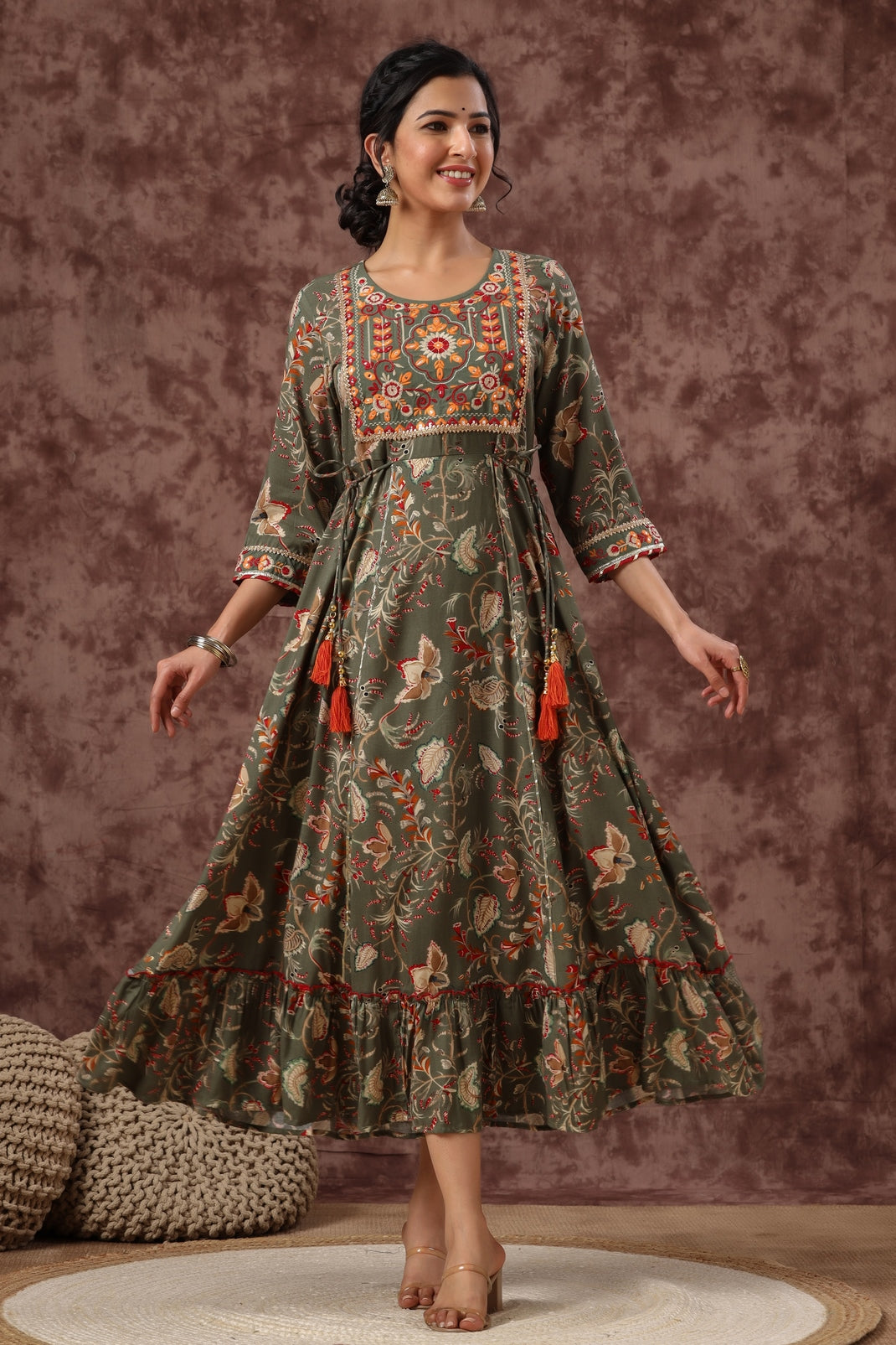 Women`s Mehandigreen Rayon Embroidered & Printed Tiered Dress