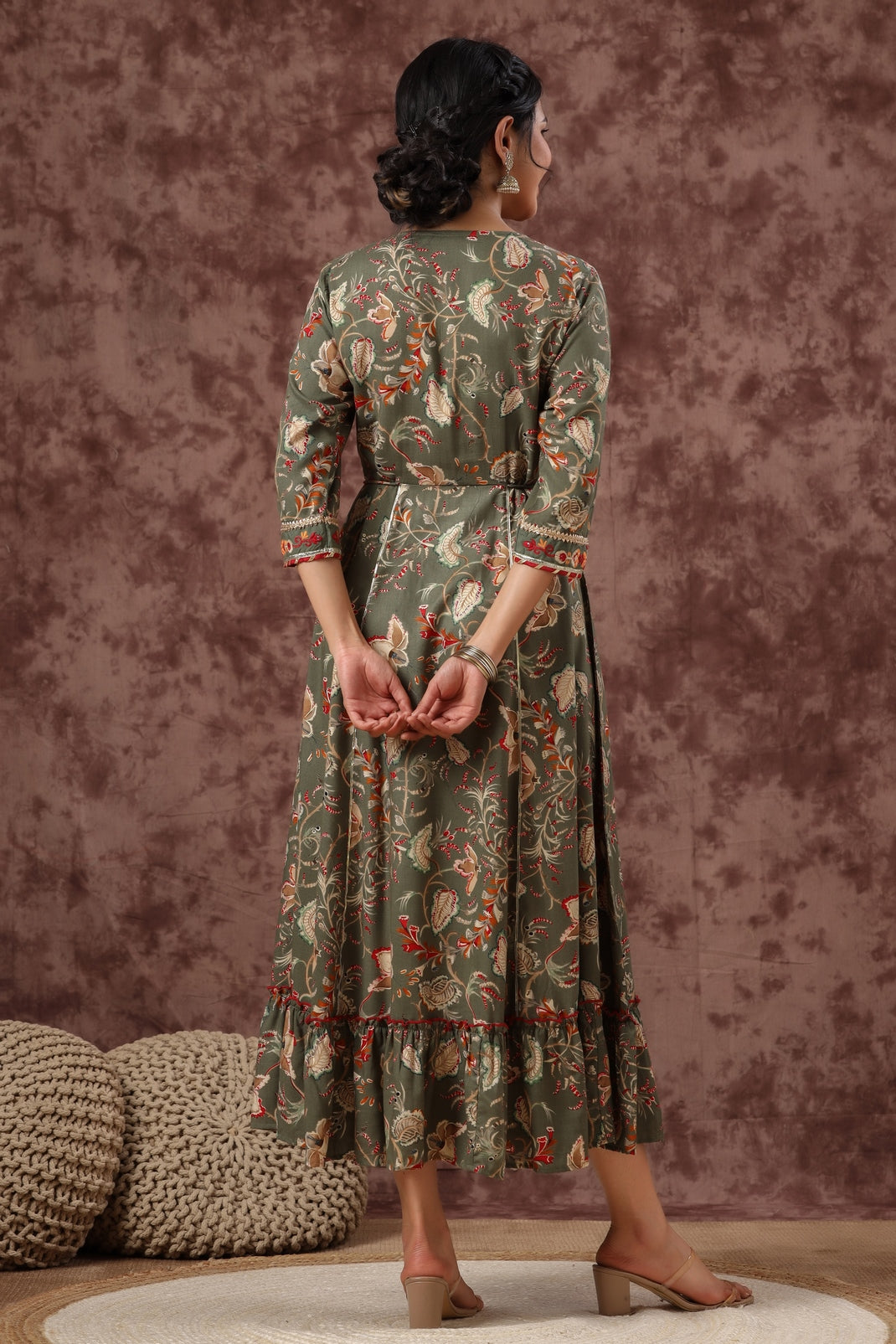 Women`s Mehandigreen Rayon Embroidered & Printed Tiered Dress