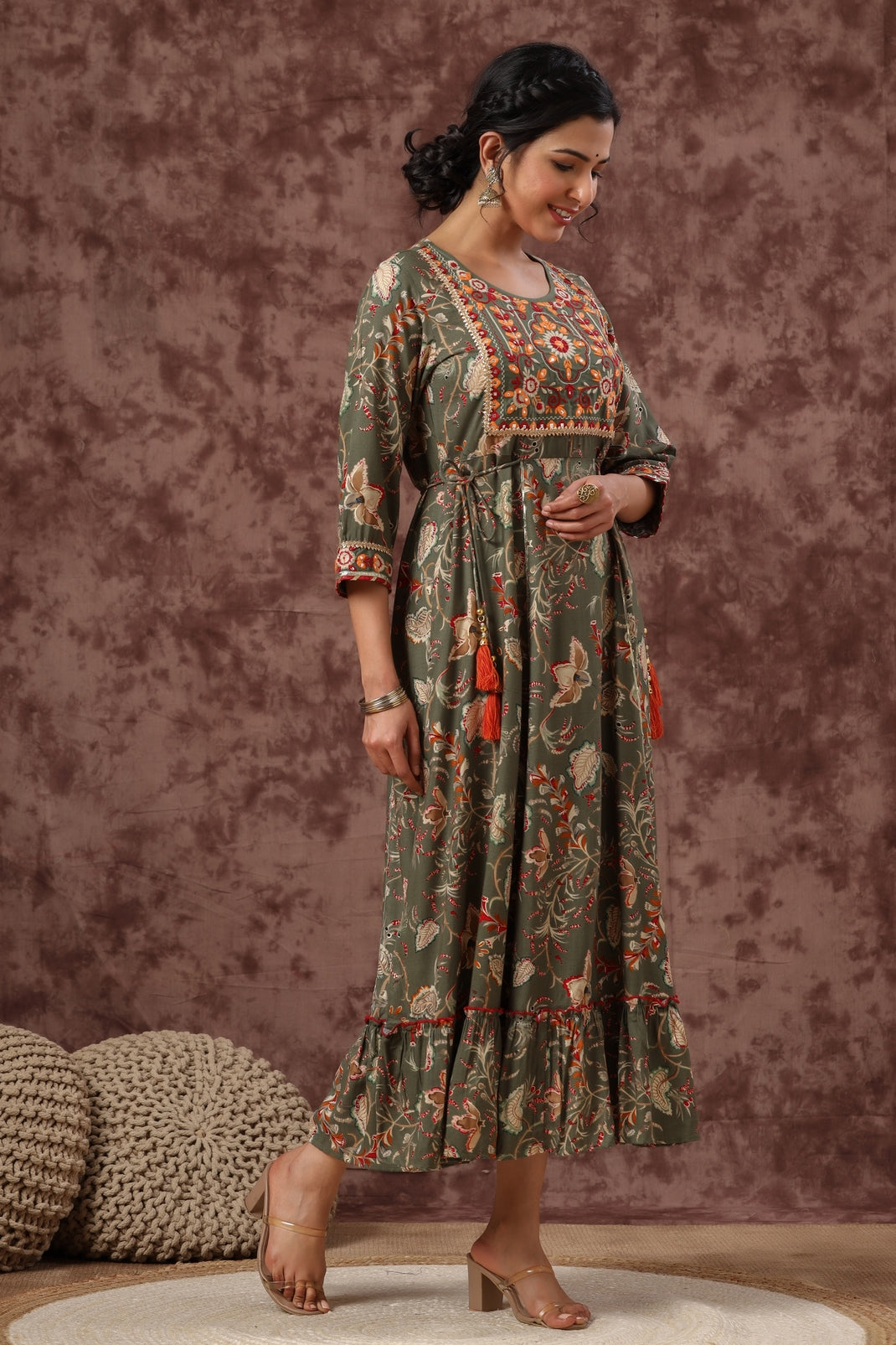 Women`s Mehandigreen Rayon Embroidered & Printed Tiered Dress