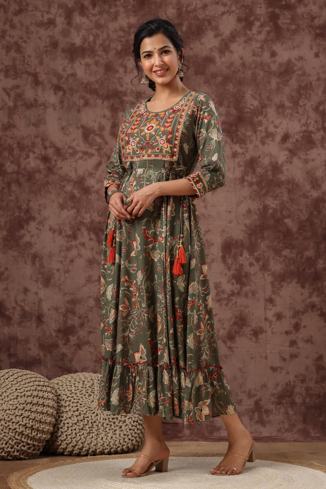 Women`s Mehandigreen Rayon Embroidered & Printed Tiered Dress