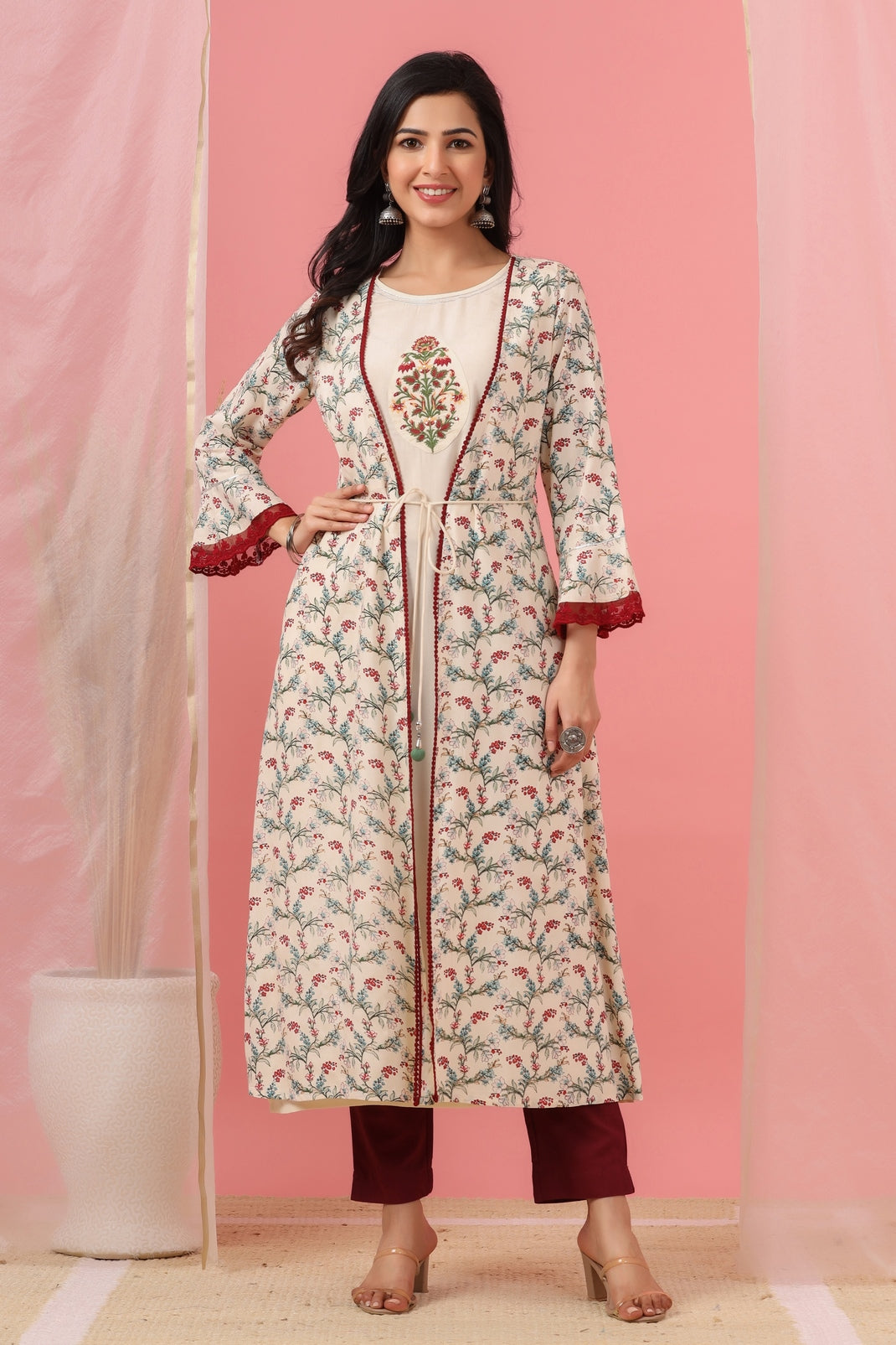 Women`s Ivory Rayon Embroidered & Printed Flared Dress