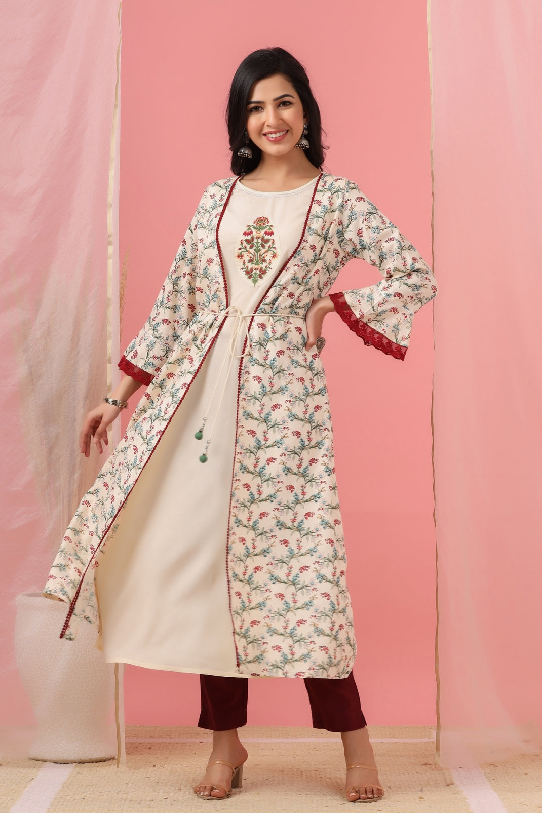 Women`s Ivory Rayon Embroidered & Printed Flared Dress