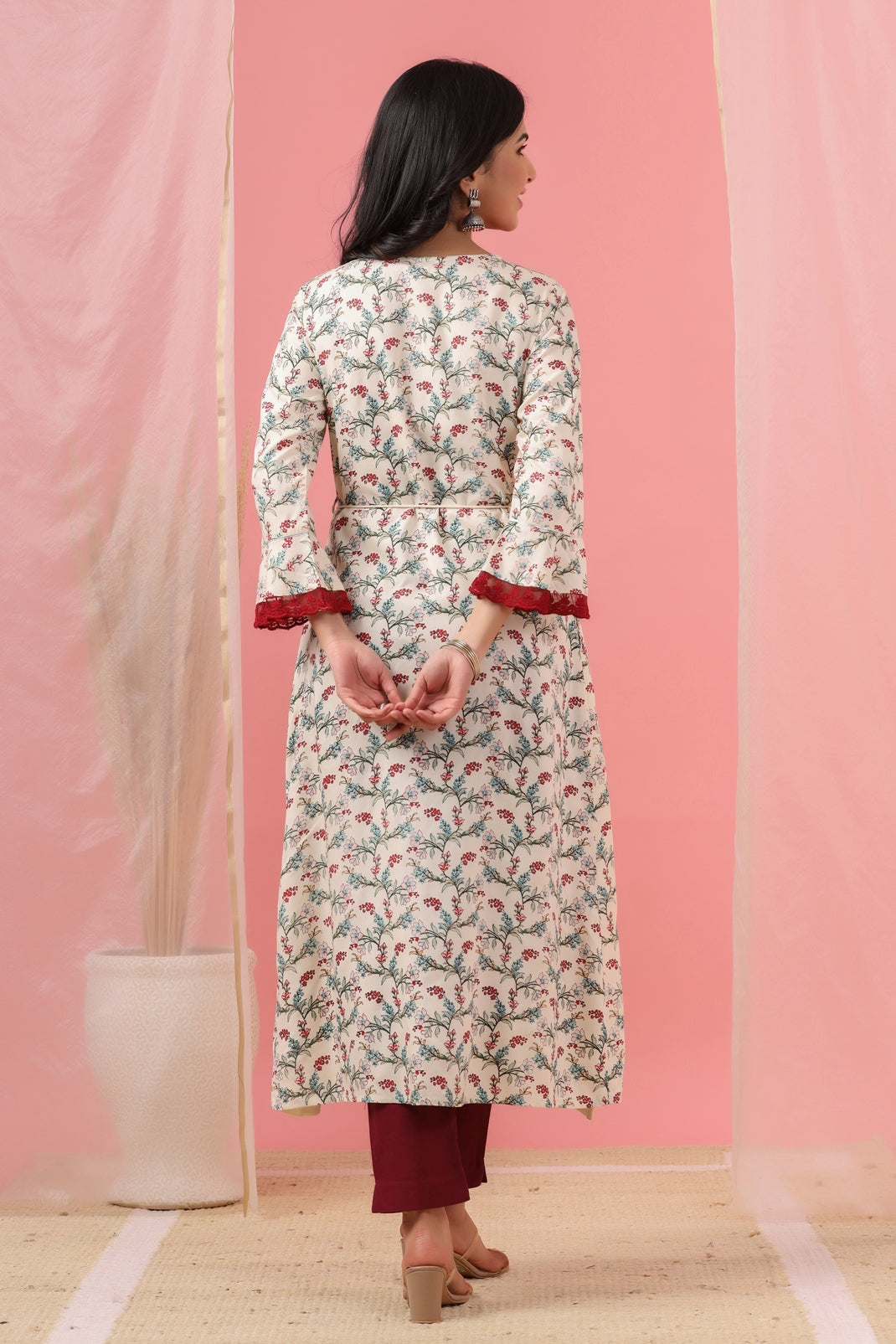 Women`s Ivory Rayon Embroidered & Printed Flared Dress