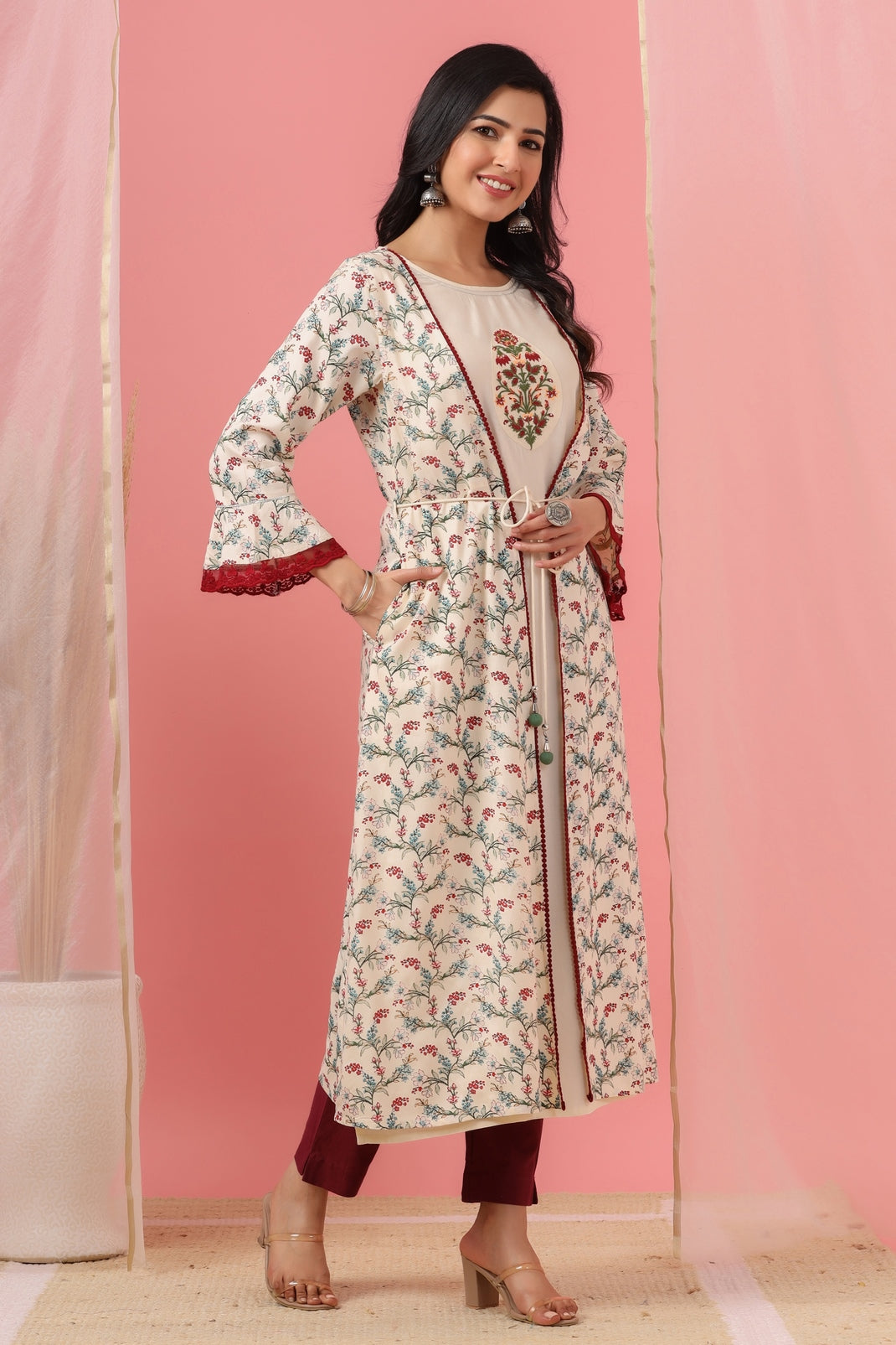 Women`s Ivory Rayon Embroidered & Printed Flared Dress