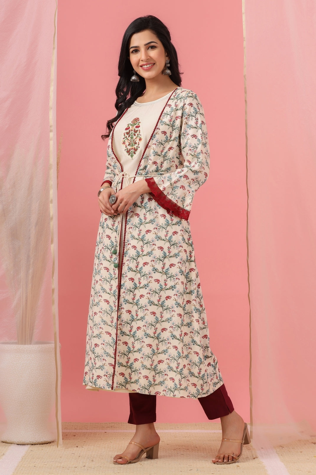 Women`s Ivory Rayon Embroidered & Printed Flared Dress