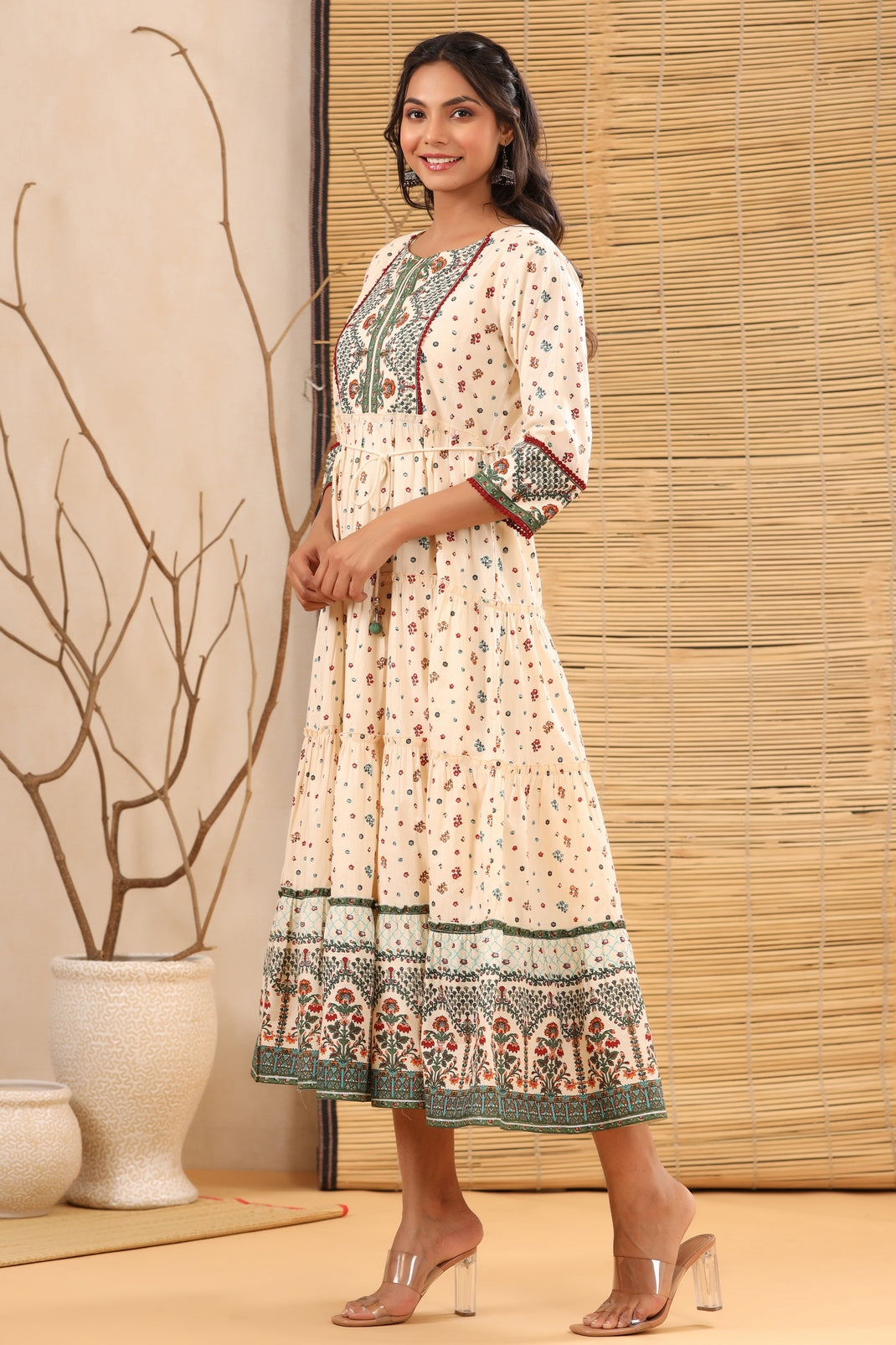 Women`s Ivory Cambric Printed Tiered Dress