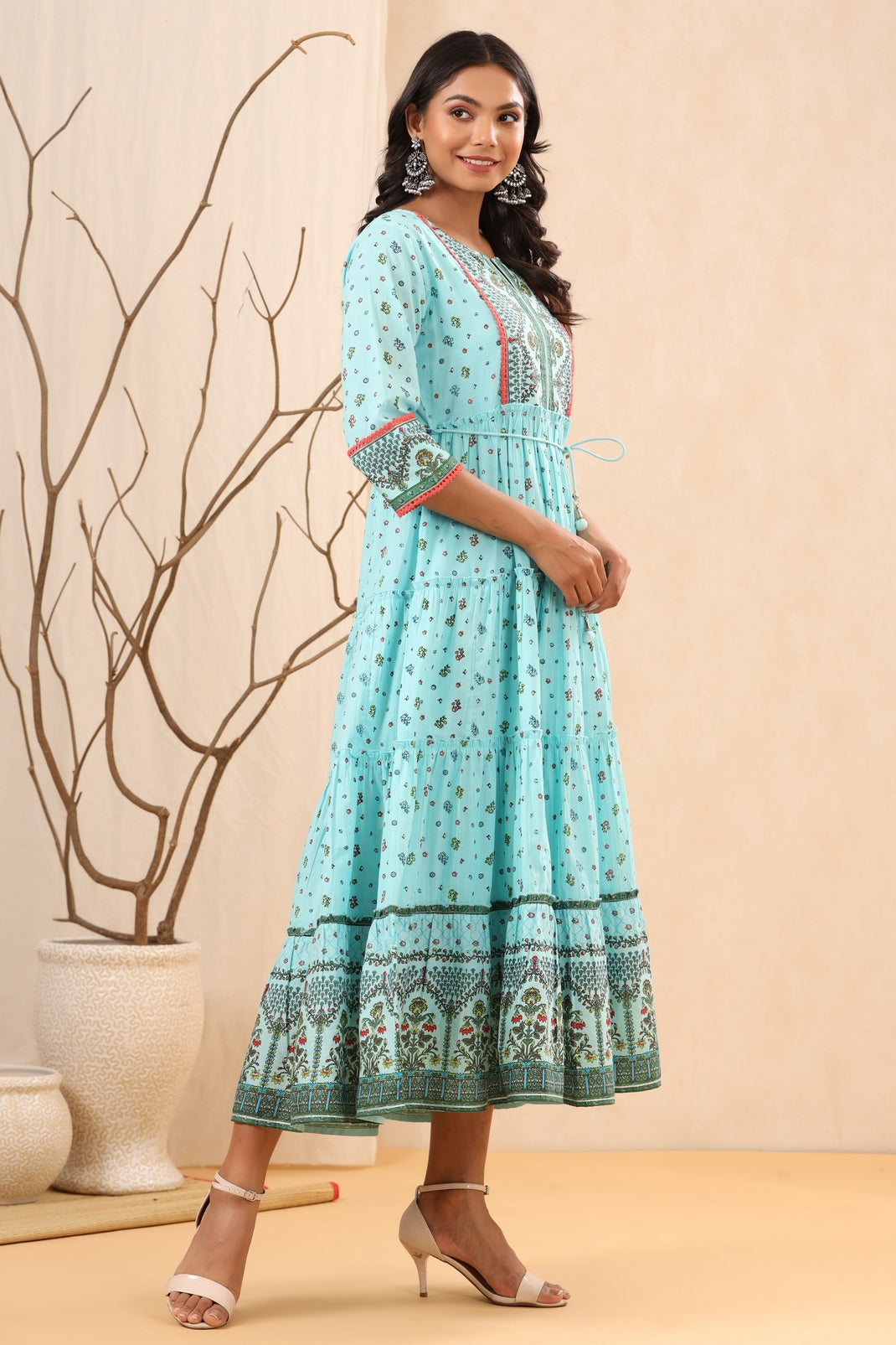 Women`s Skyblue Cambric Printed Tiered Dress