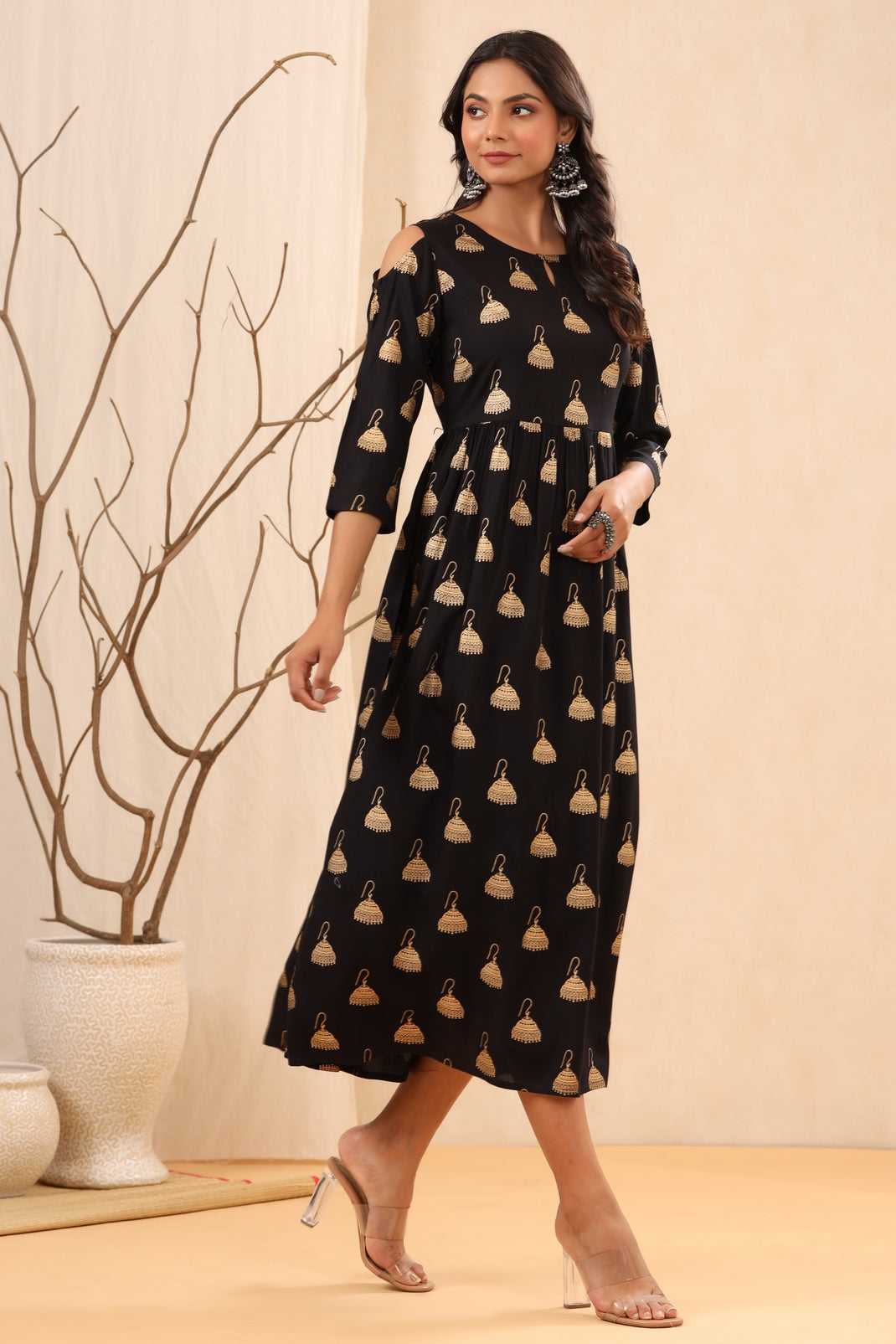 Women`s Black Rayon Printed Flared Dress