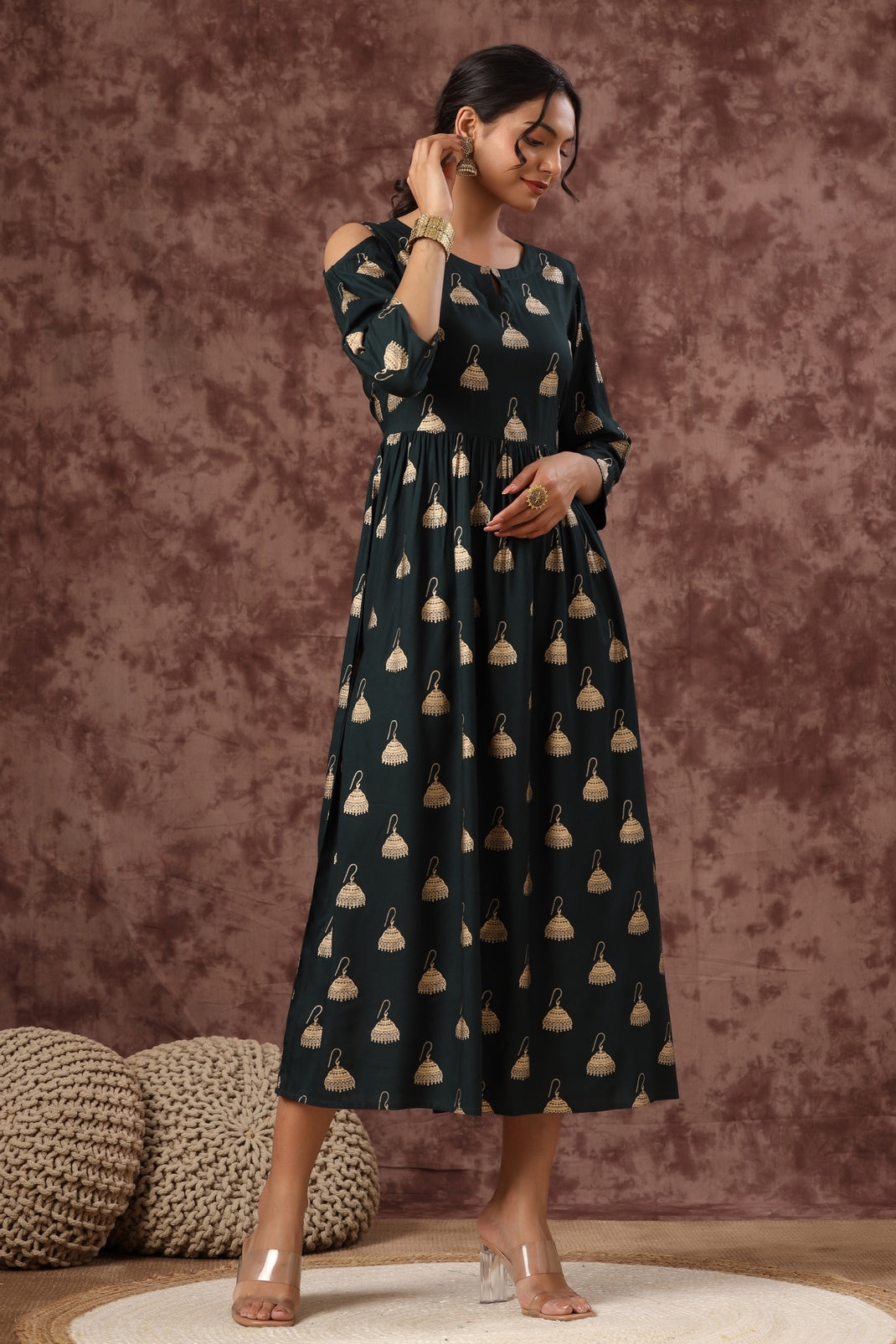 Women`s Jadegreen Rayon Printed Flared Dress