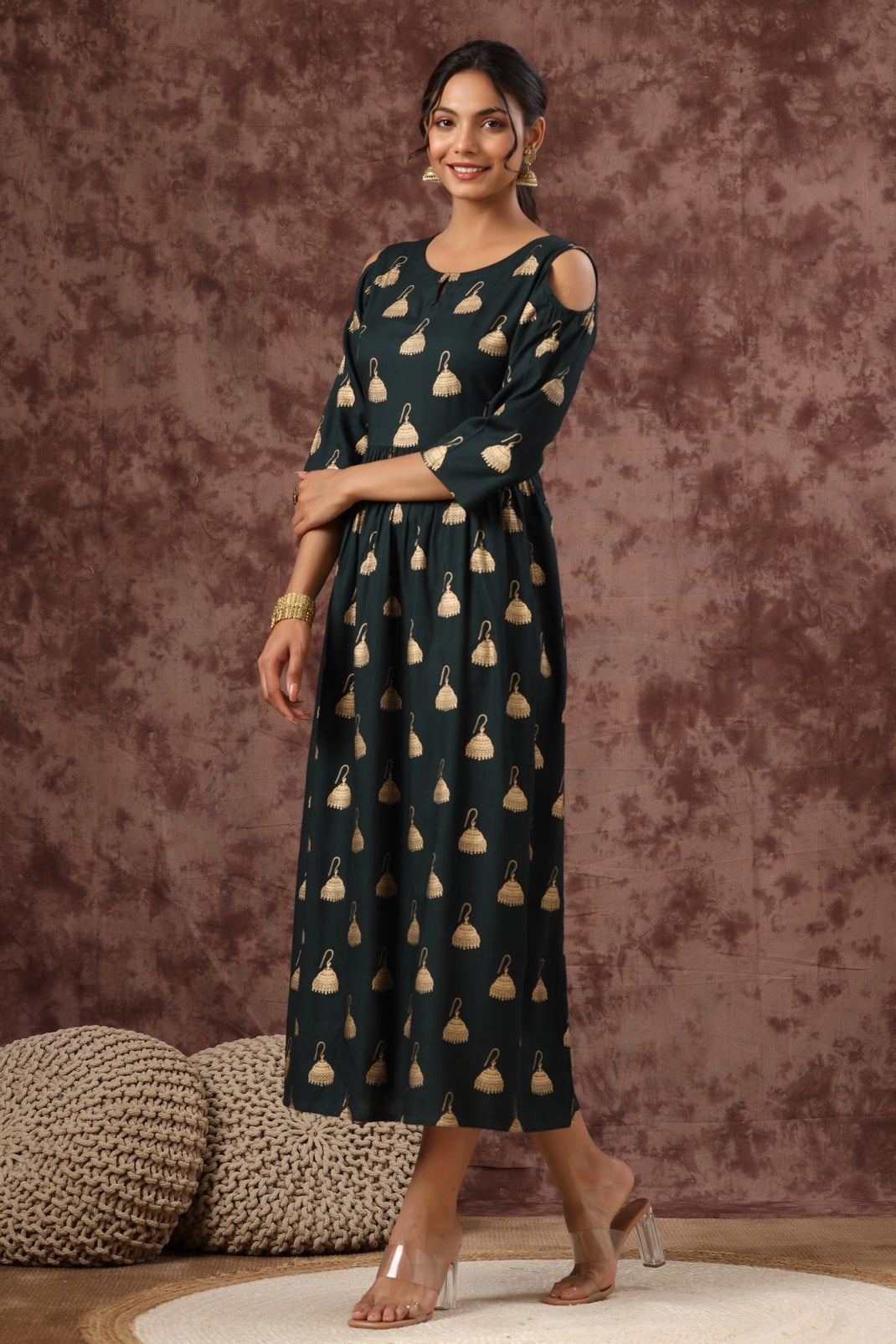 Women`s Jadegreen Rayon Printed Flared Dress
