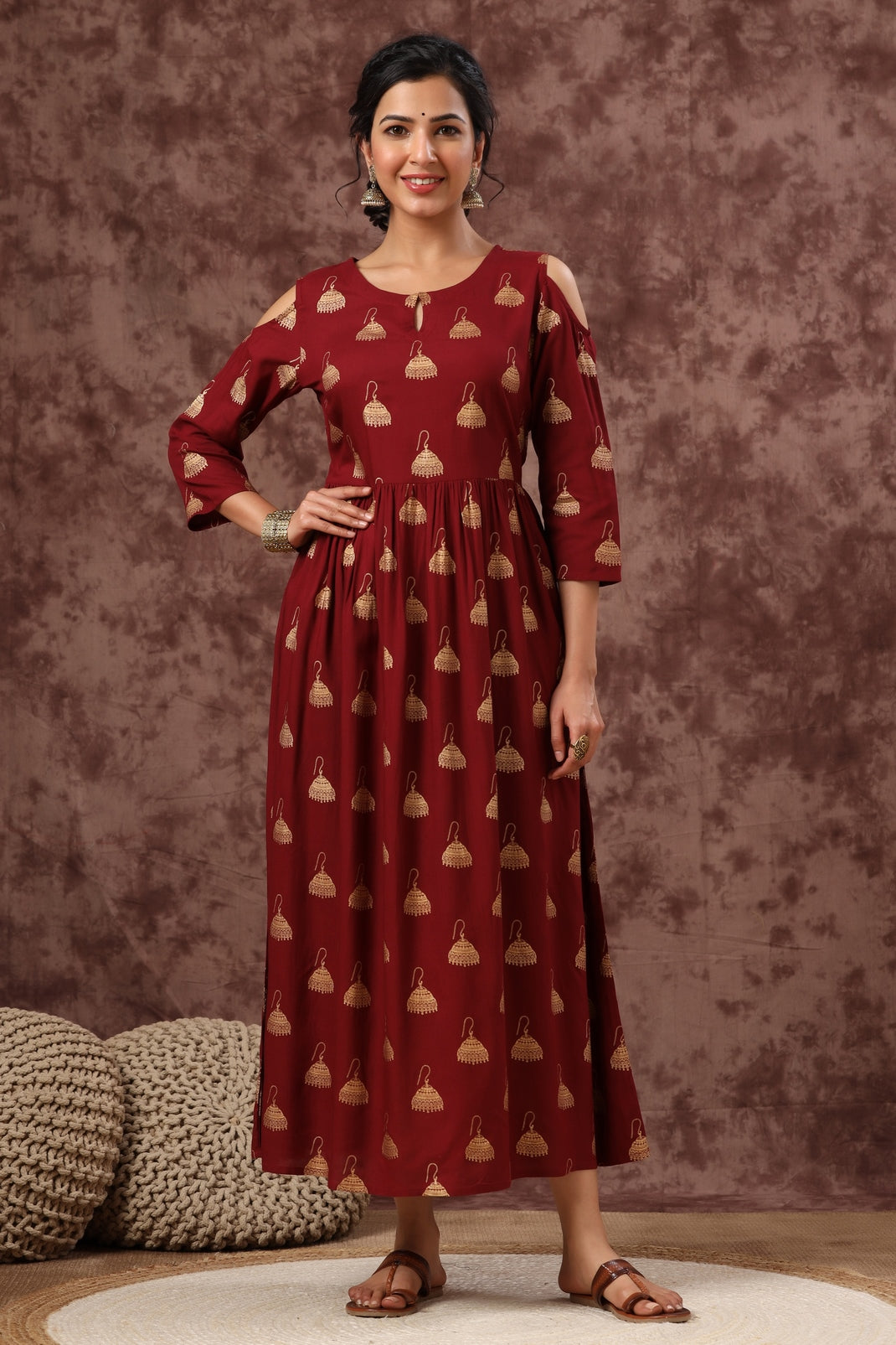 Women`s Maroon Rayon Printed Flared Dress