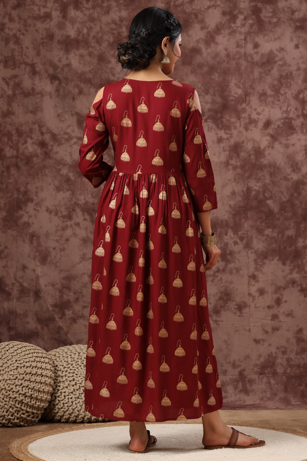 Women`s Maroon Rayon Printed Flared Dress