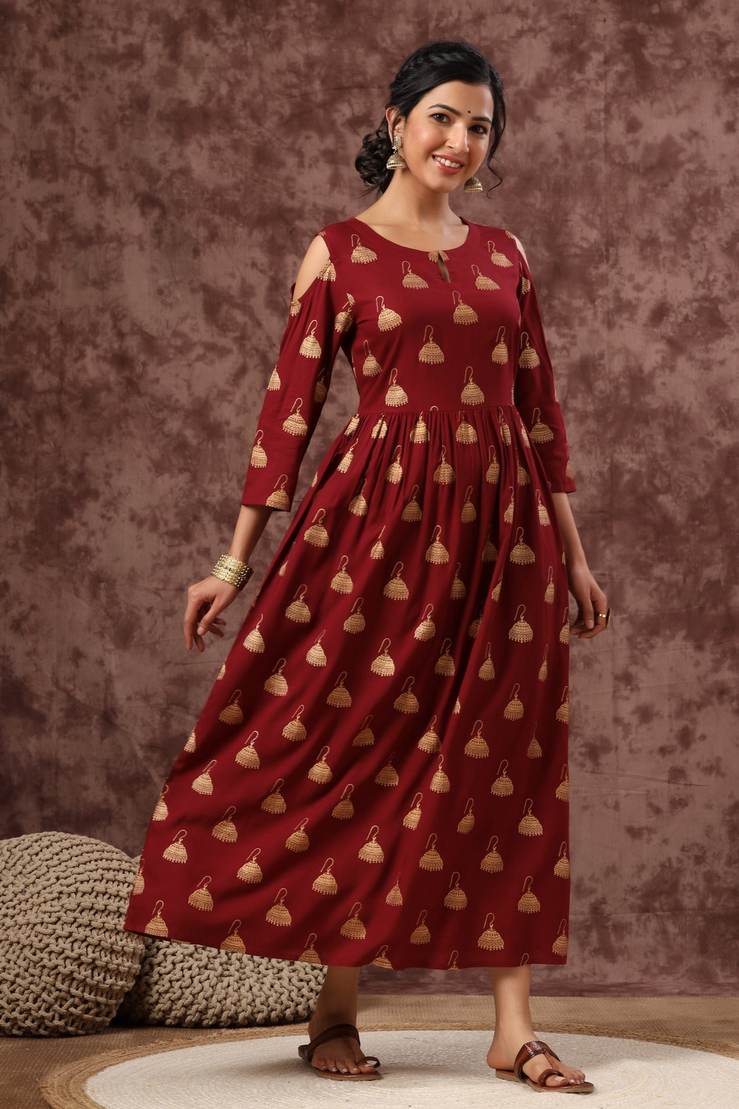 Women`s Maroon Rayon Printed Flared Dress