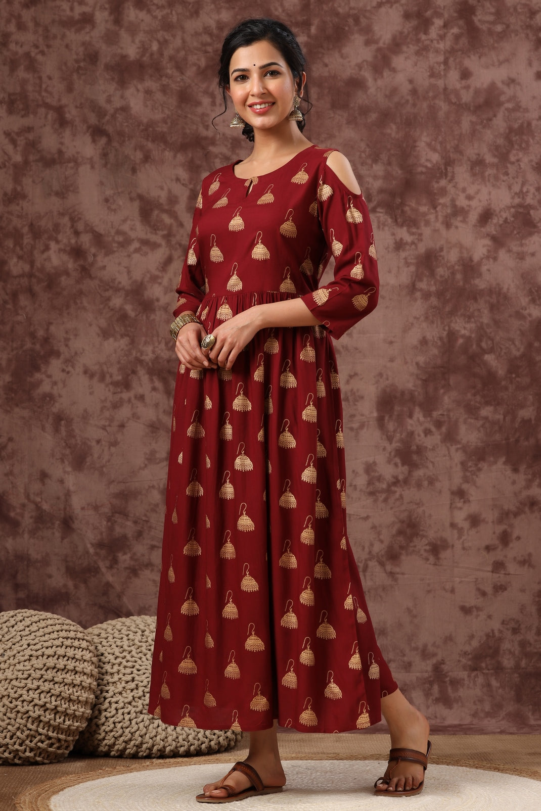 Women`s Maroon Rayon Printed Flared Dress