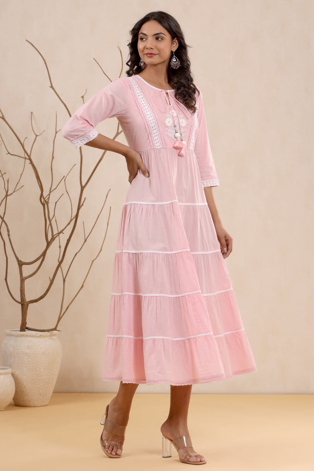 Women`s Pink Cambric Solid Tiered Dress