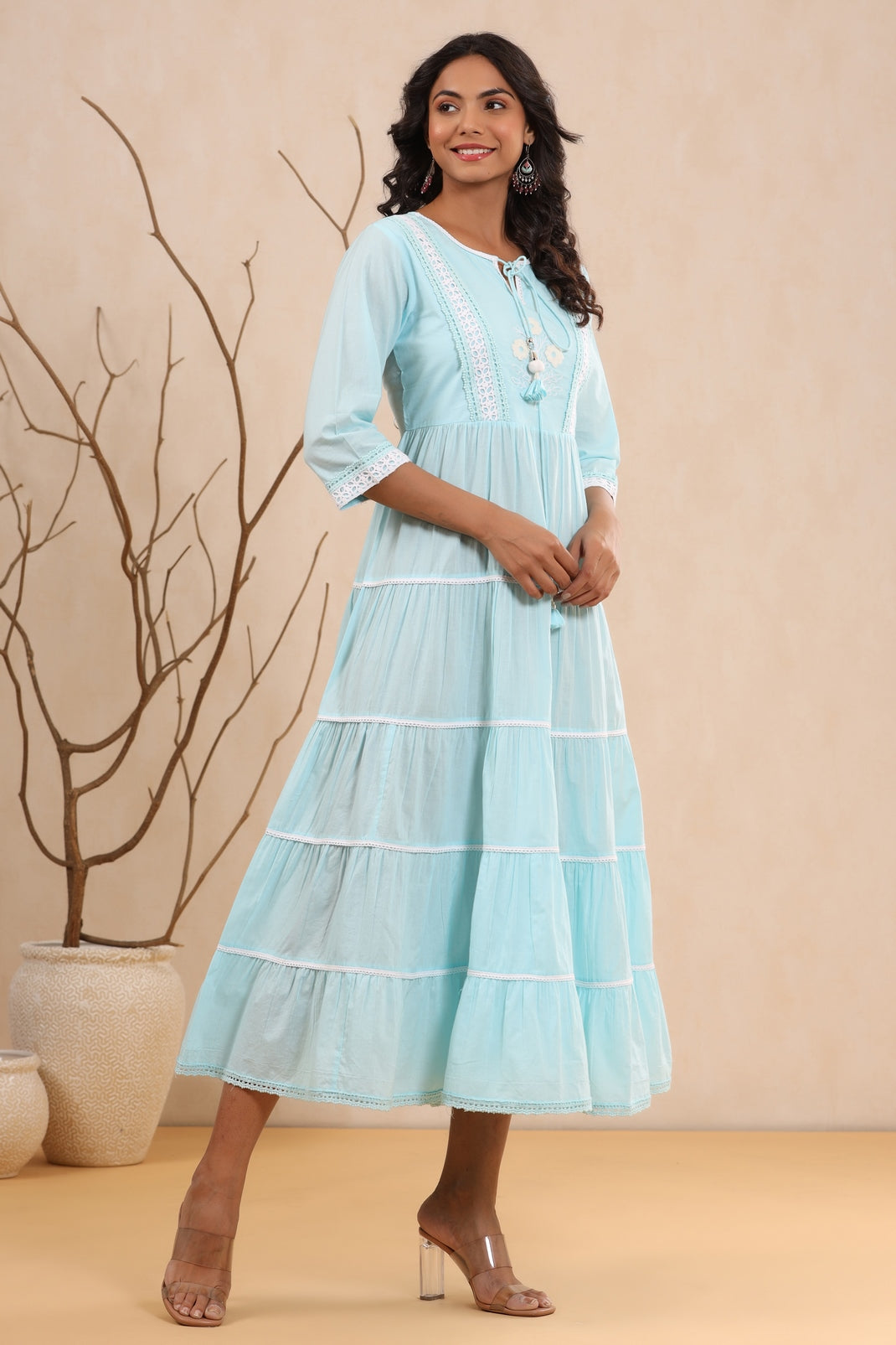 Women`s Skyblue Cambric Solid Tiered Dress