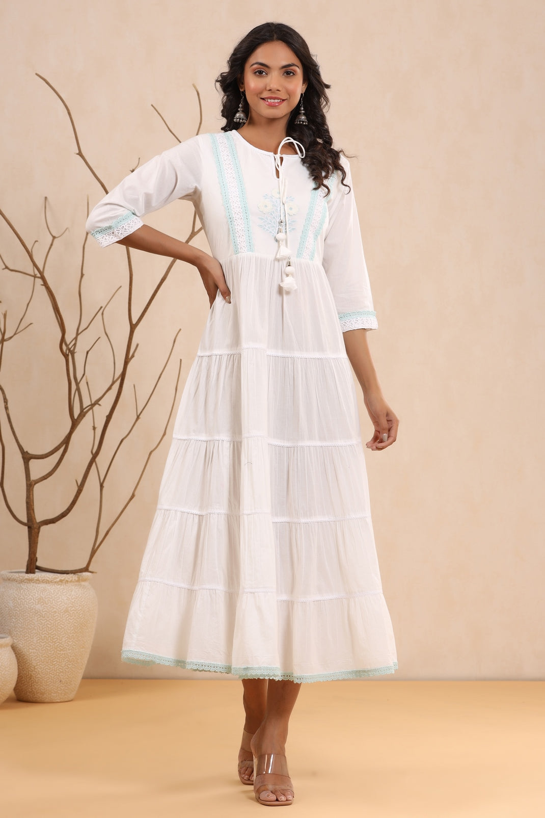 Women`s White Cambric Solid Tiered Dress