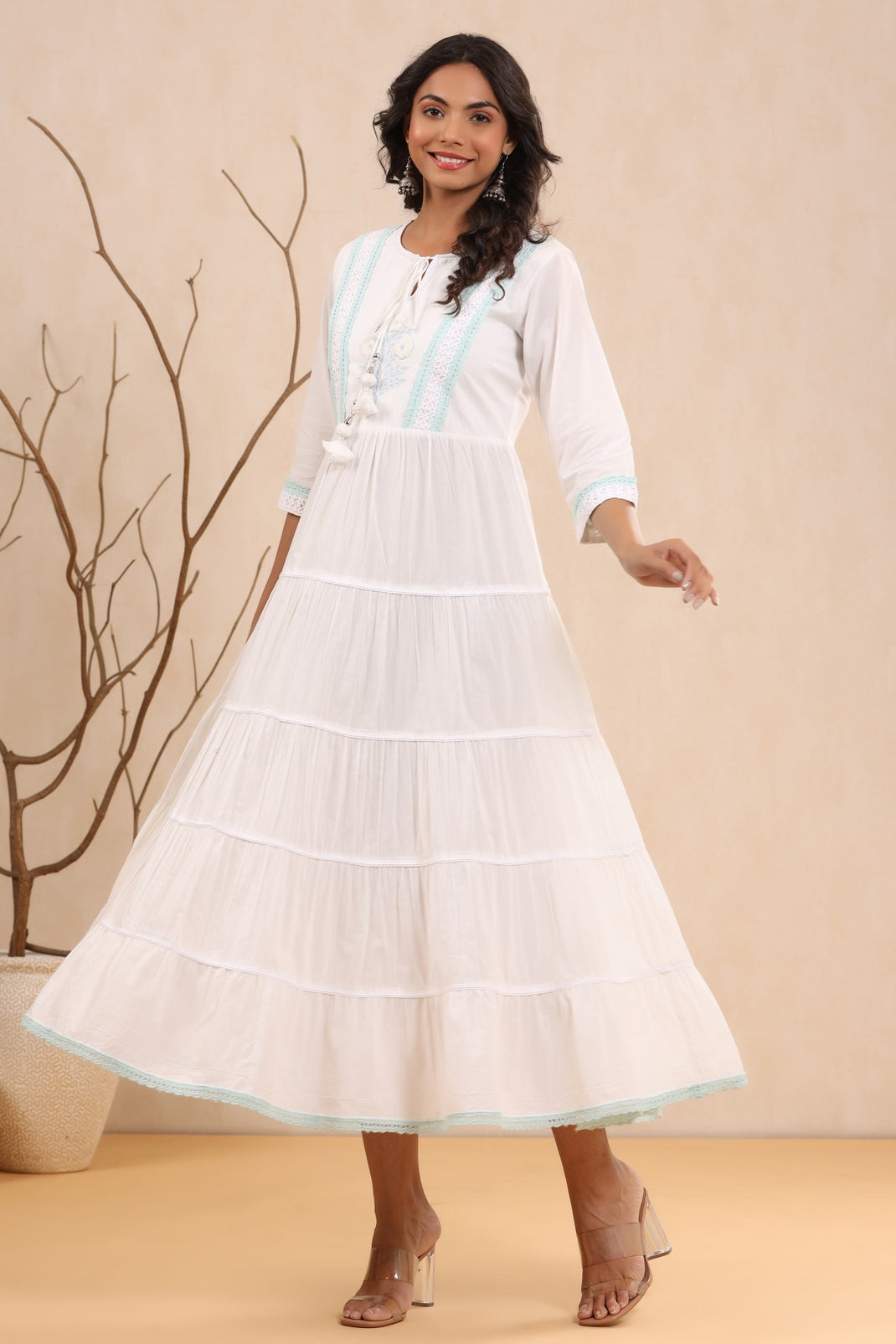 Women`s White Cambric Solid Tiered Dress