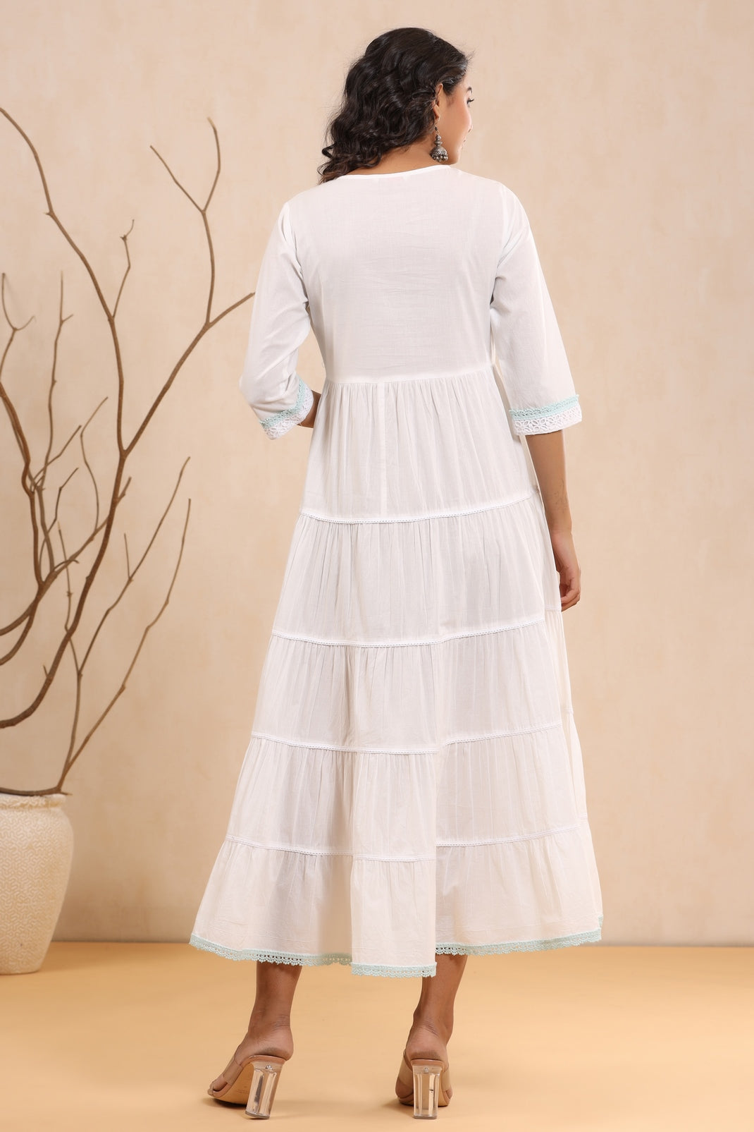 Women`s White Cambric Solid Tiered Dress