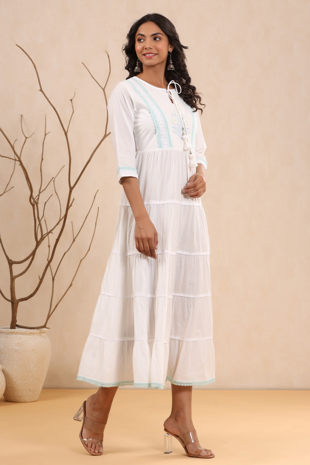 Women`s White Cambric Solid Tiered Dress