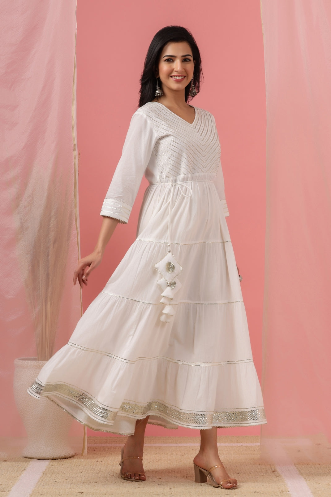 Women`s White Cambric Solid Tiered Dress