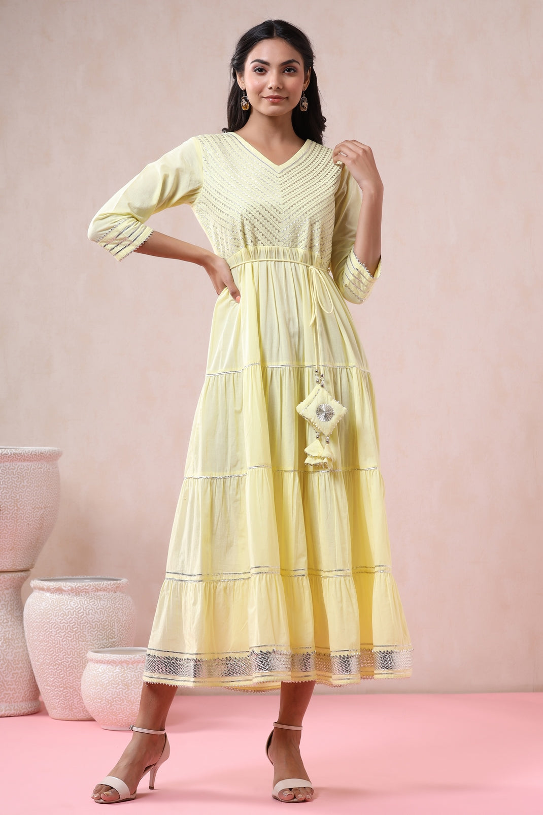 Women`s Yellow Cambric Solid Tiered Dress