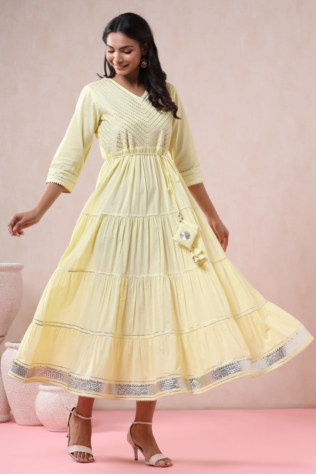 Women`s Yellow Cambric Solid Tiered Dress