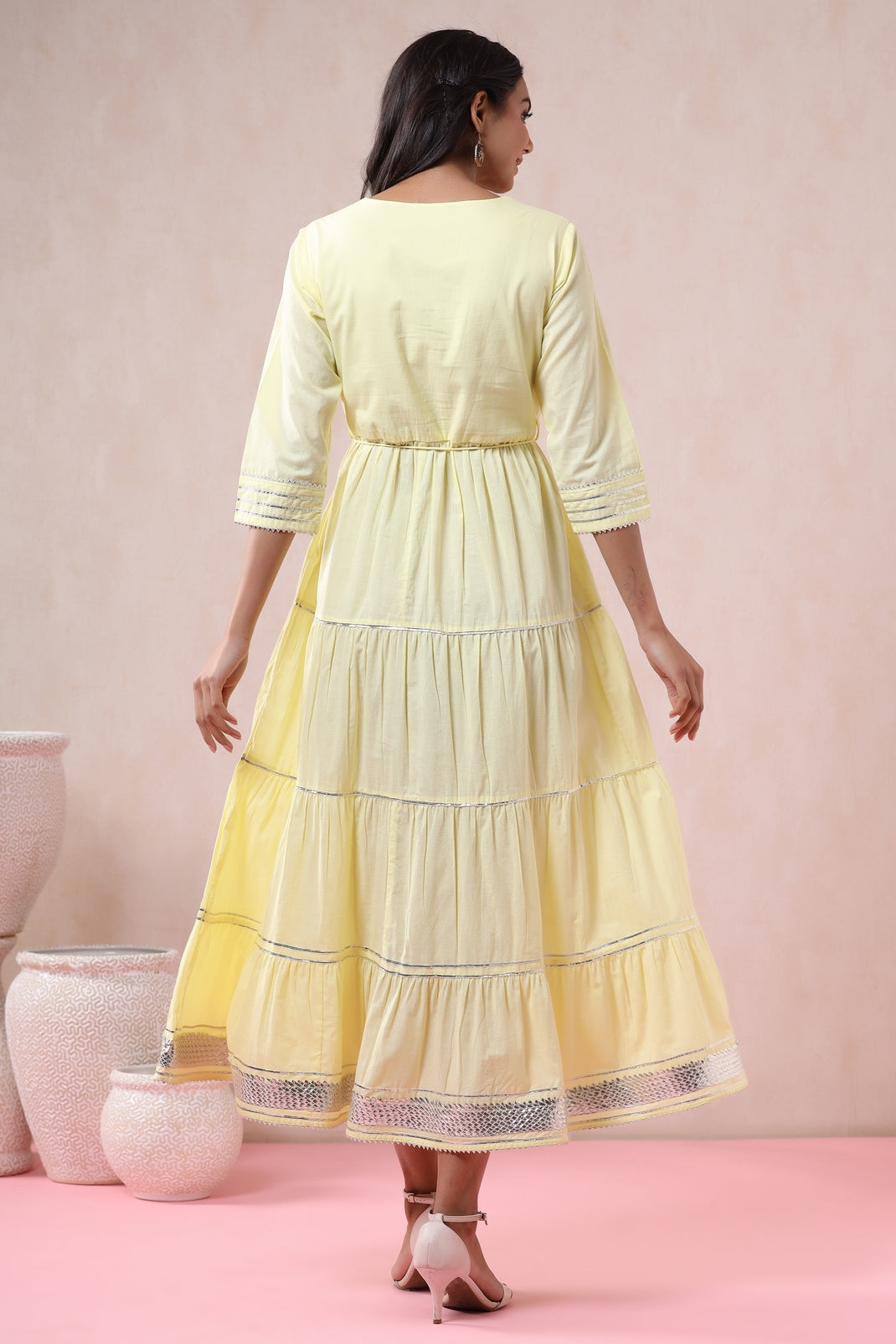 Women`s Yellow Cambric Solid Tiered Dress