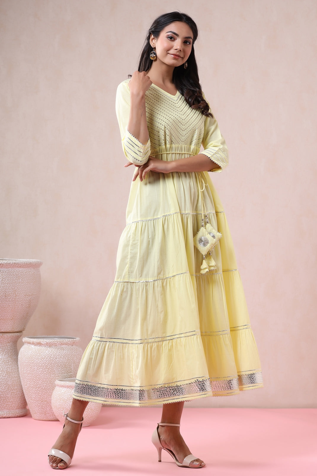 Women`s Yellow Cambric Solid Tiered Dress