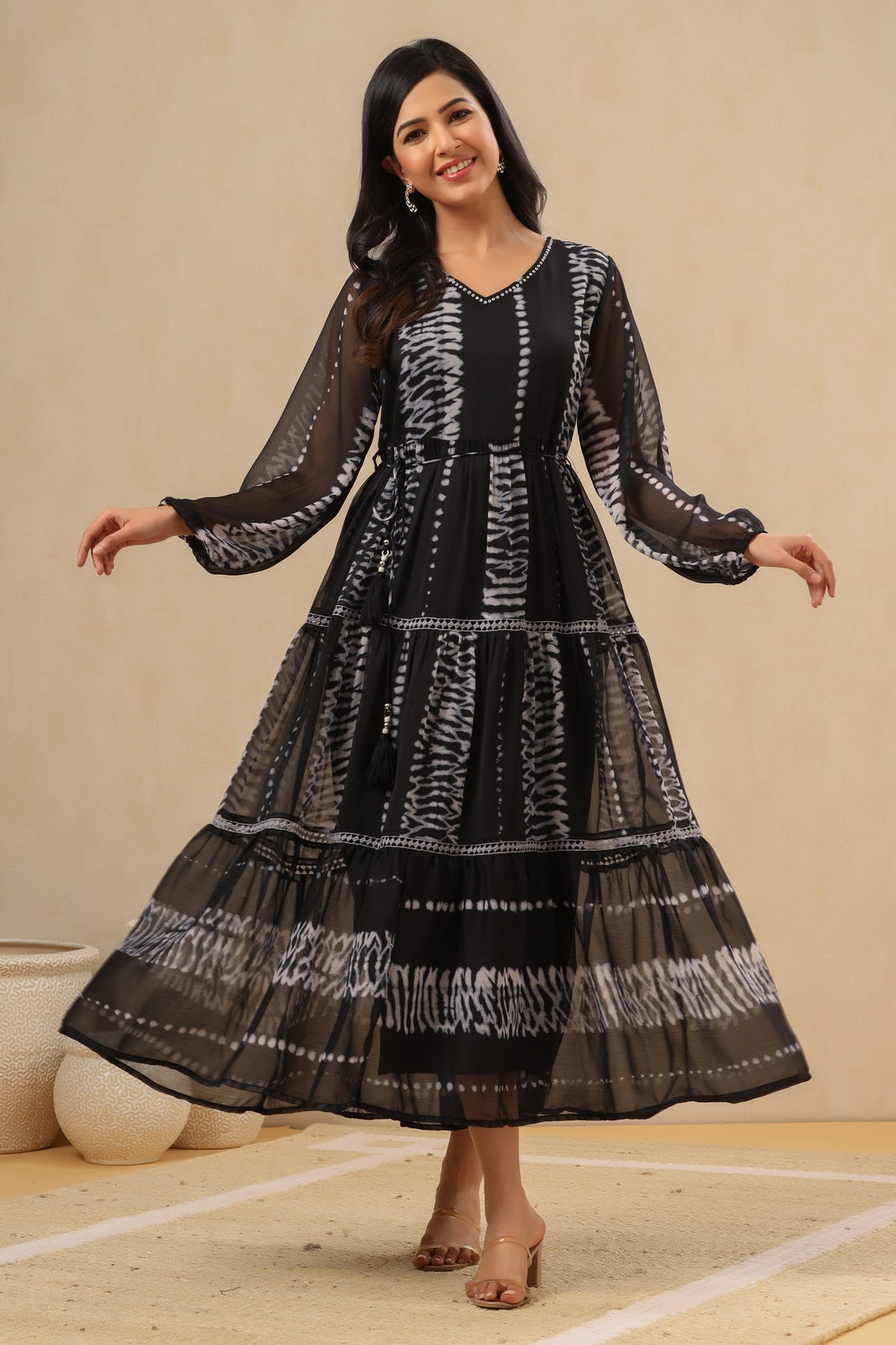 Women`s Black Cambric Printed Tiered Dress