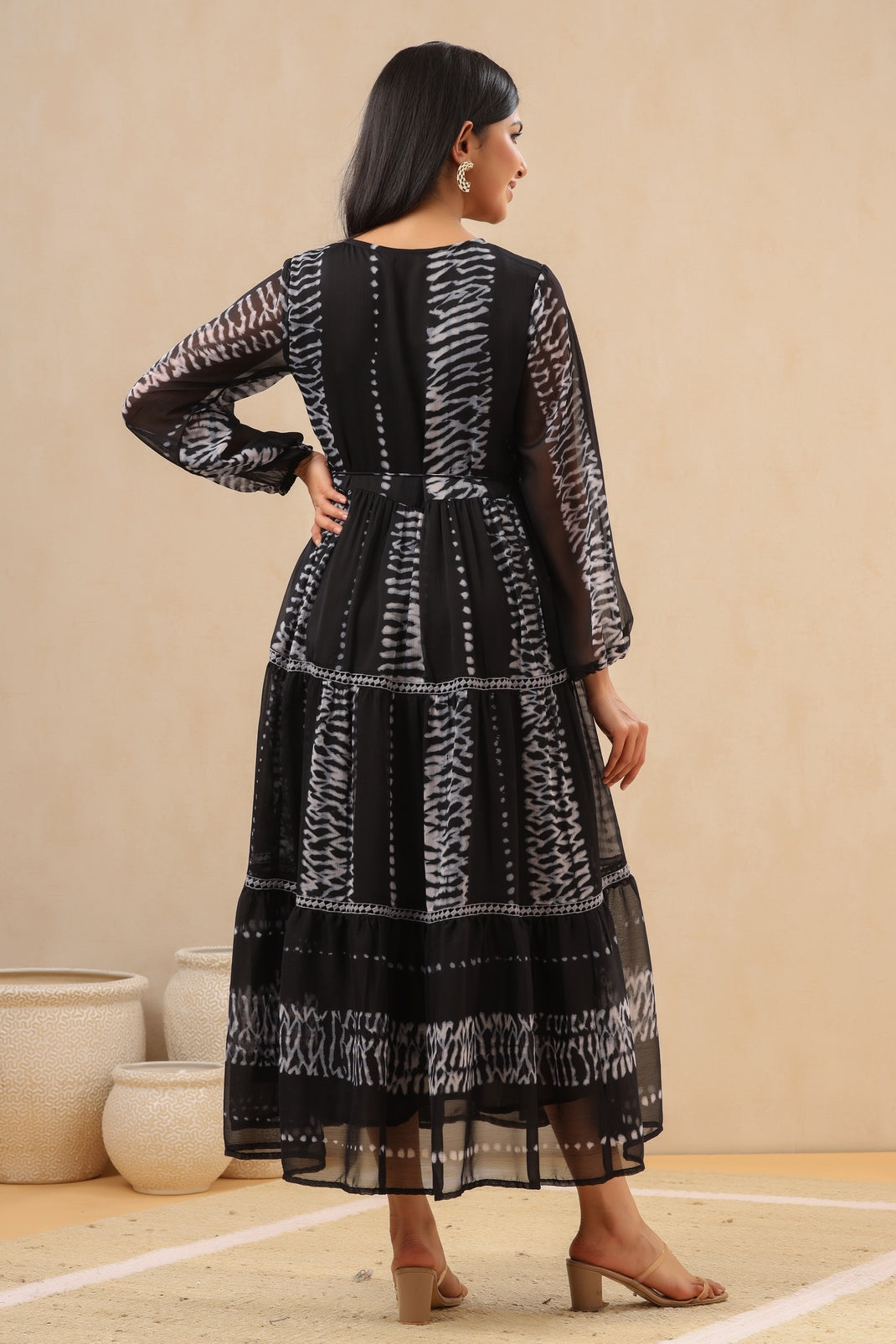 Women`s Black Cambric Printed Tiered Dress