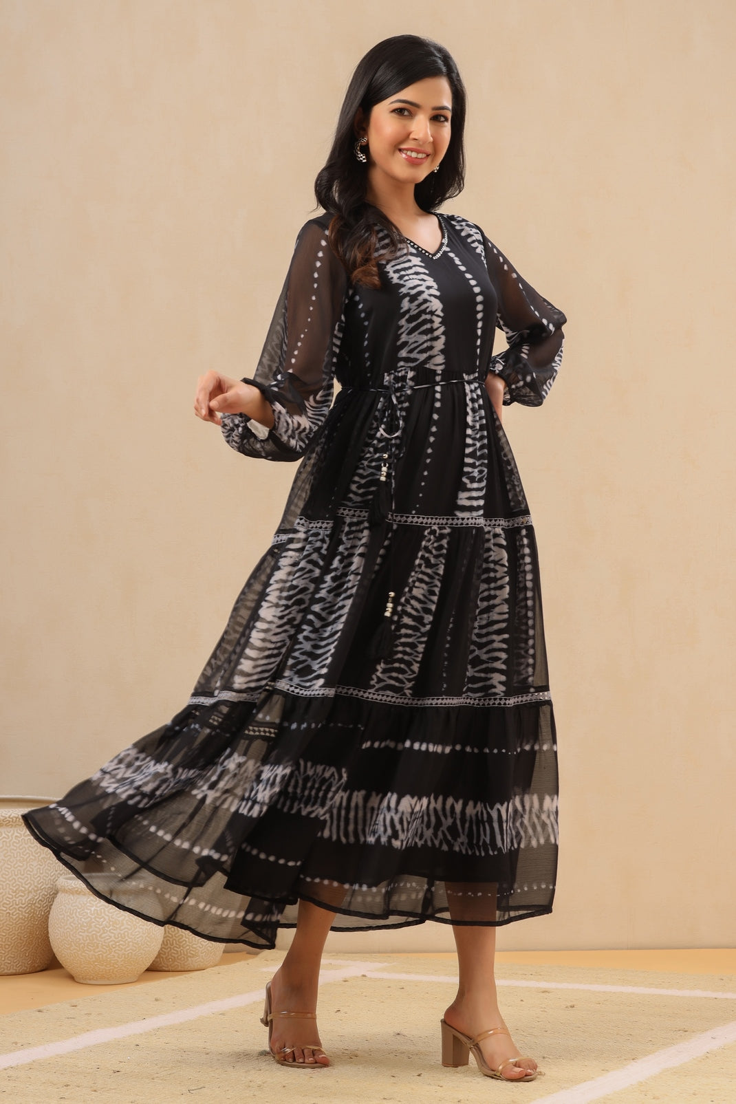 Women`s Black Cambric Printed Tiered Dress