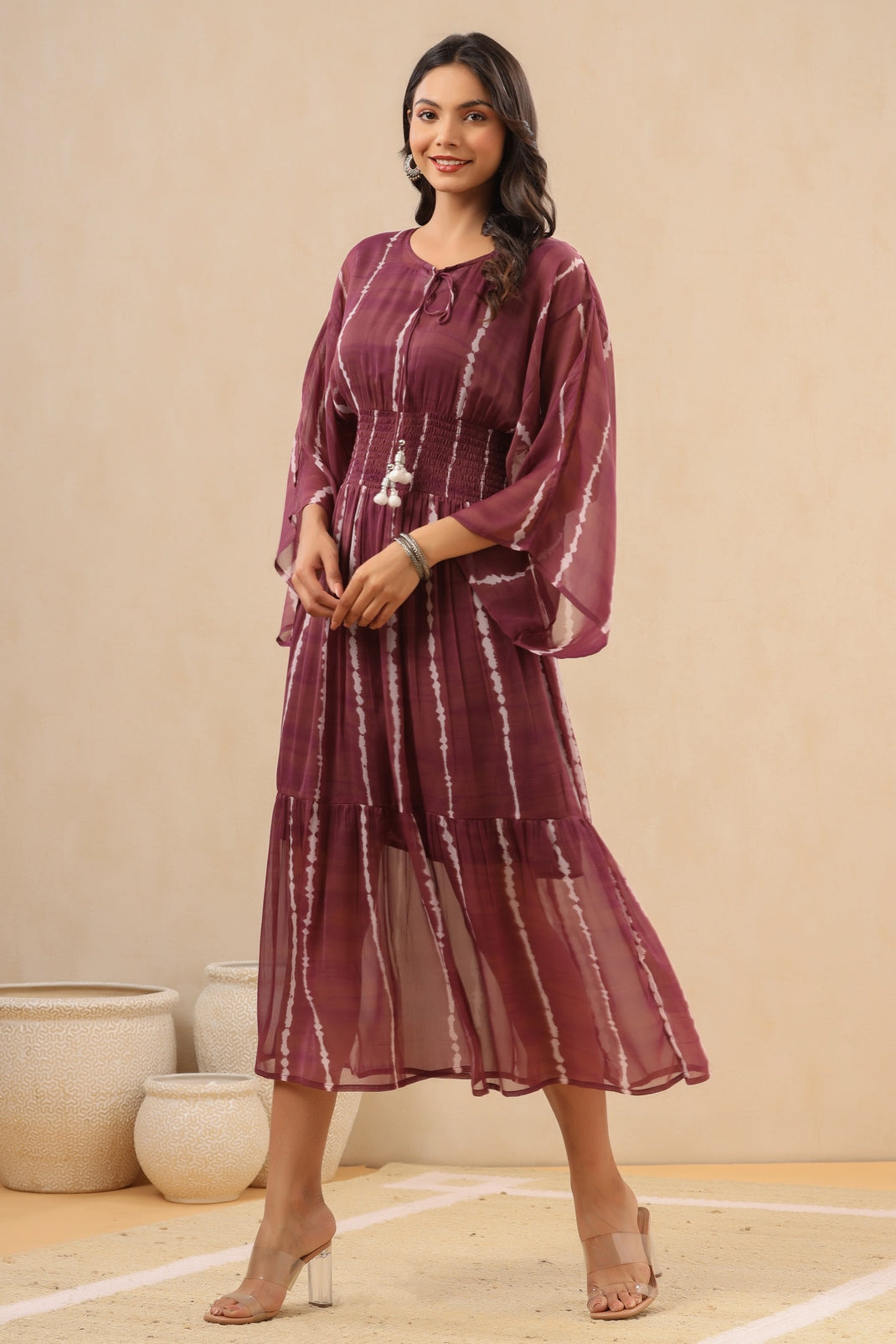 Women`s Purple Cambric Printed Tiered Dress