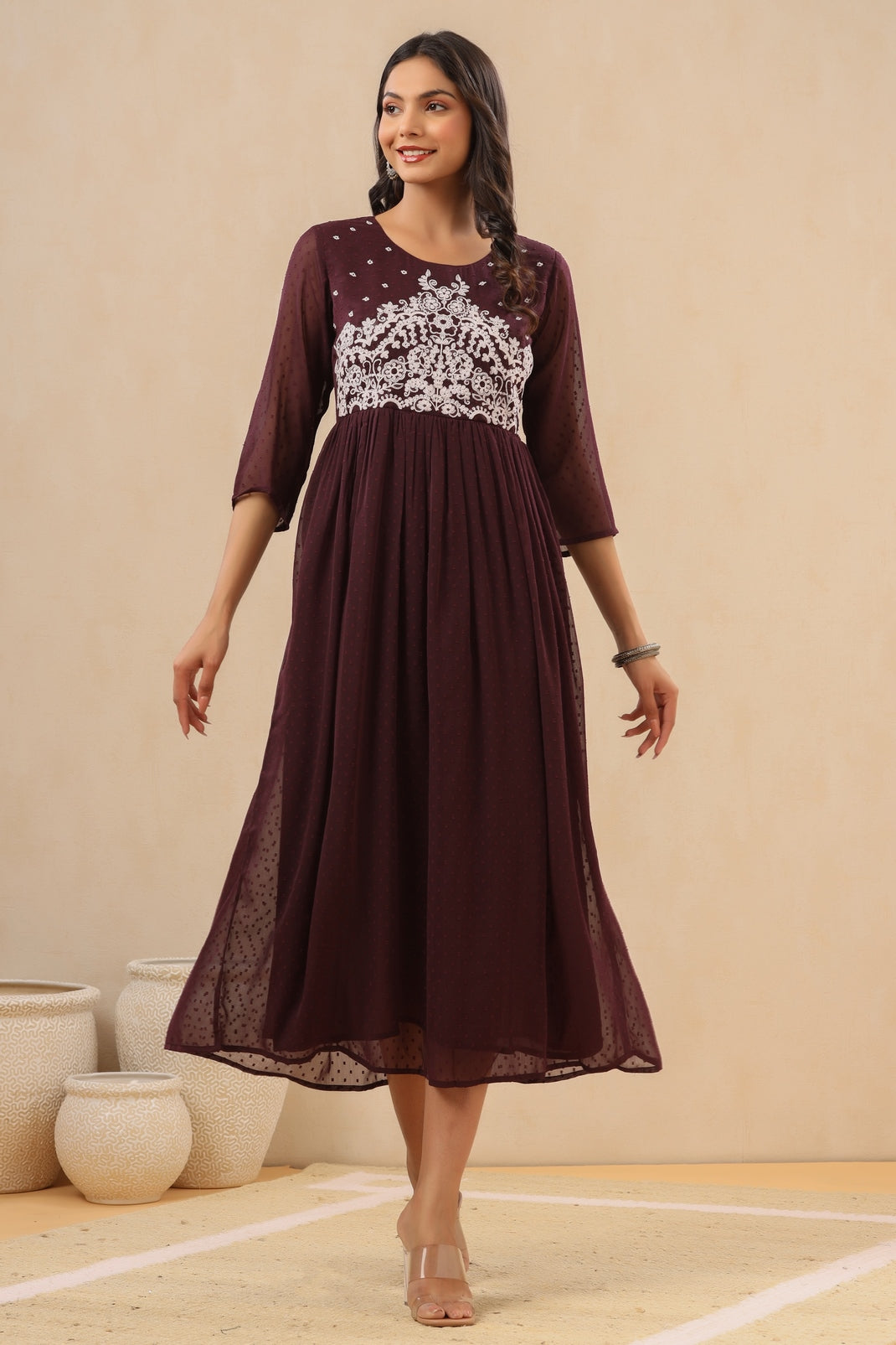 Women`s Purple Cambric Solid Flared Dress