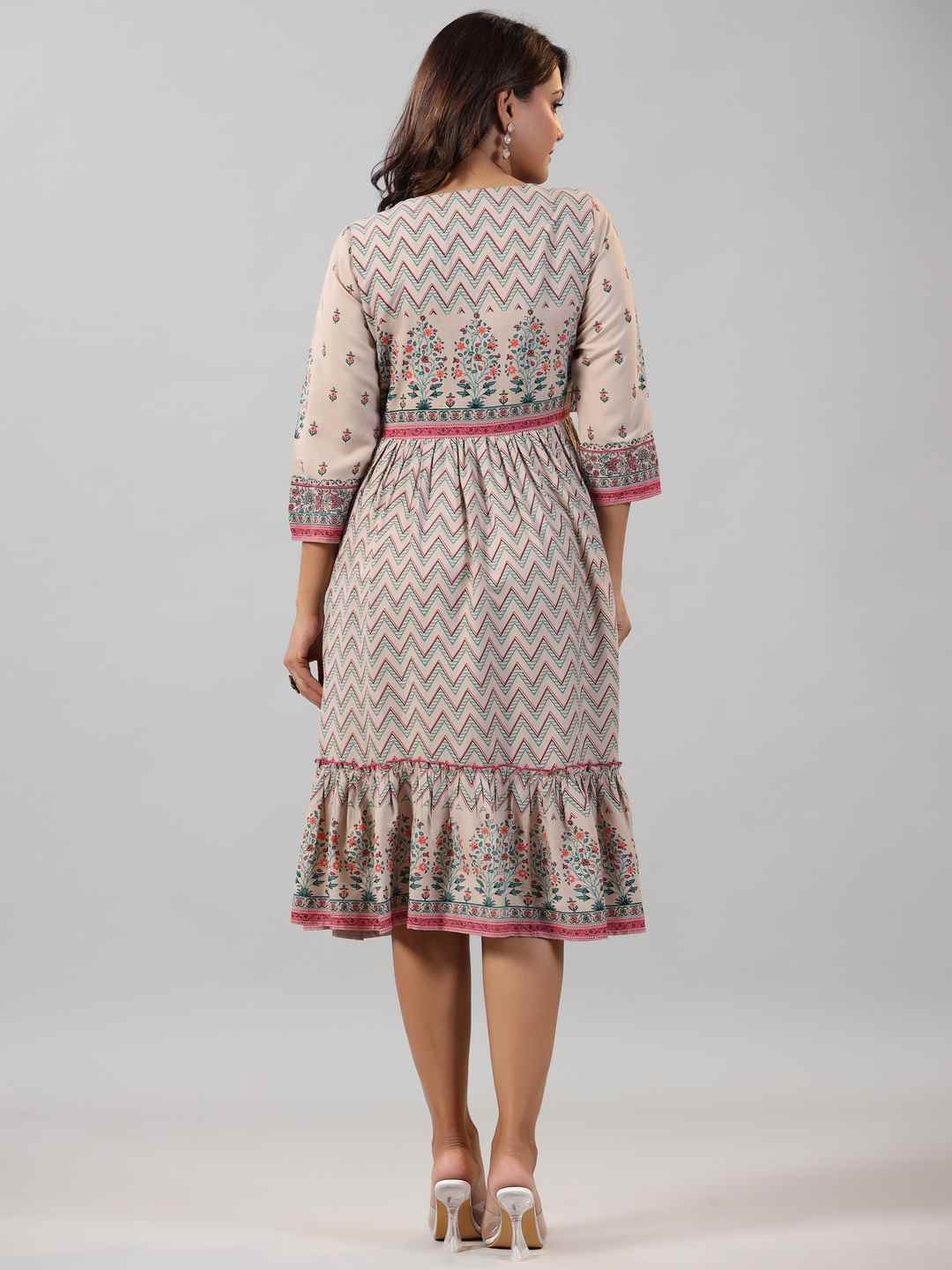 Beige Rayon Printed Jacket Style Midi Dress