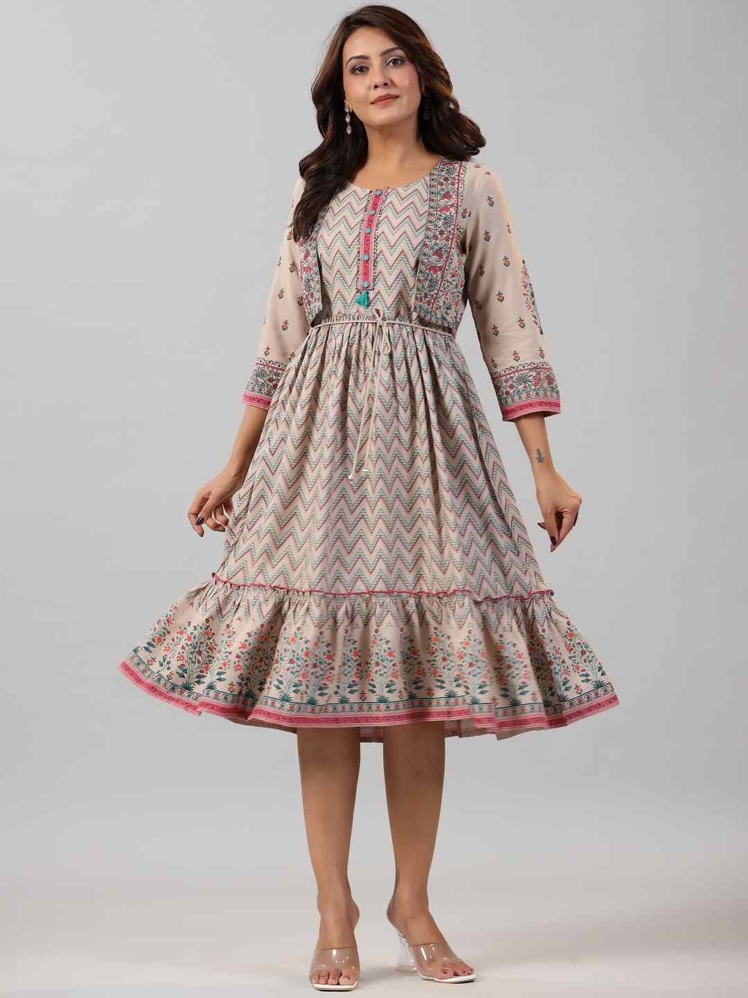 Beige Rayon Printed Jacket Style Midi Dress