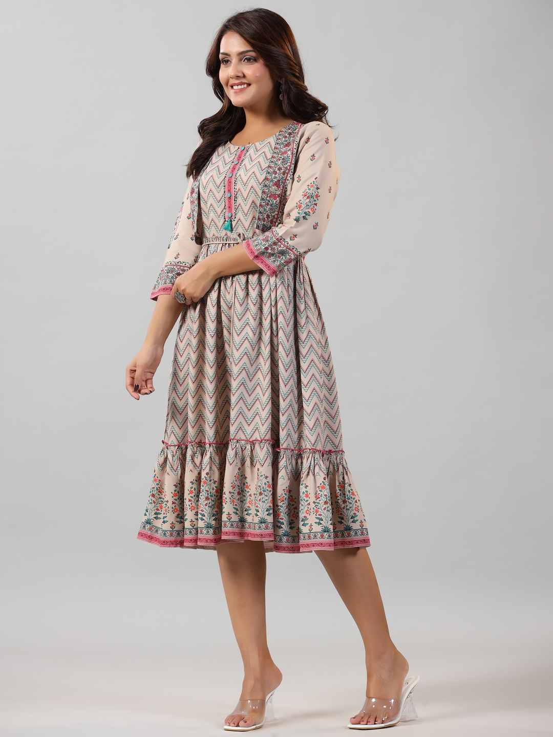 Beige Rayon Printed Jacket Style Midi Dress