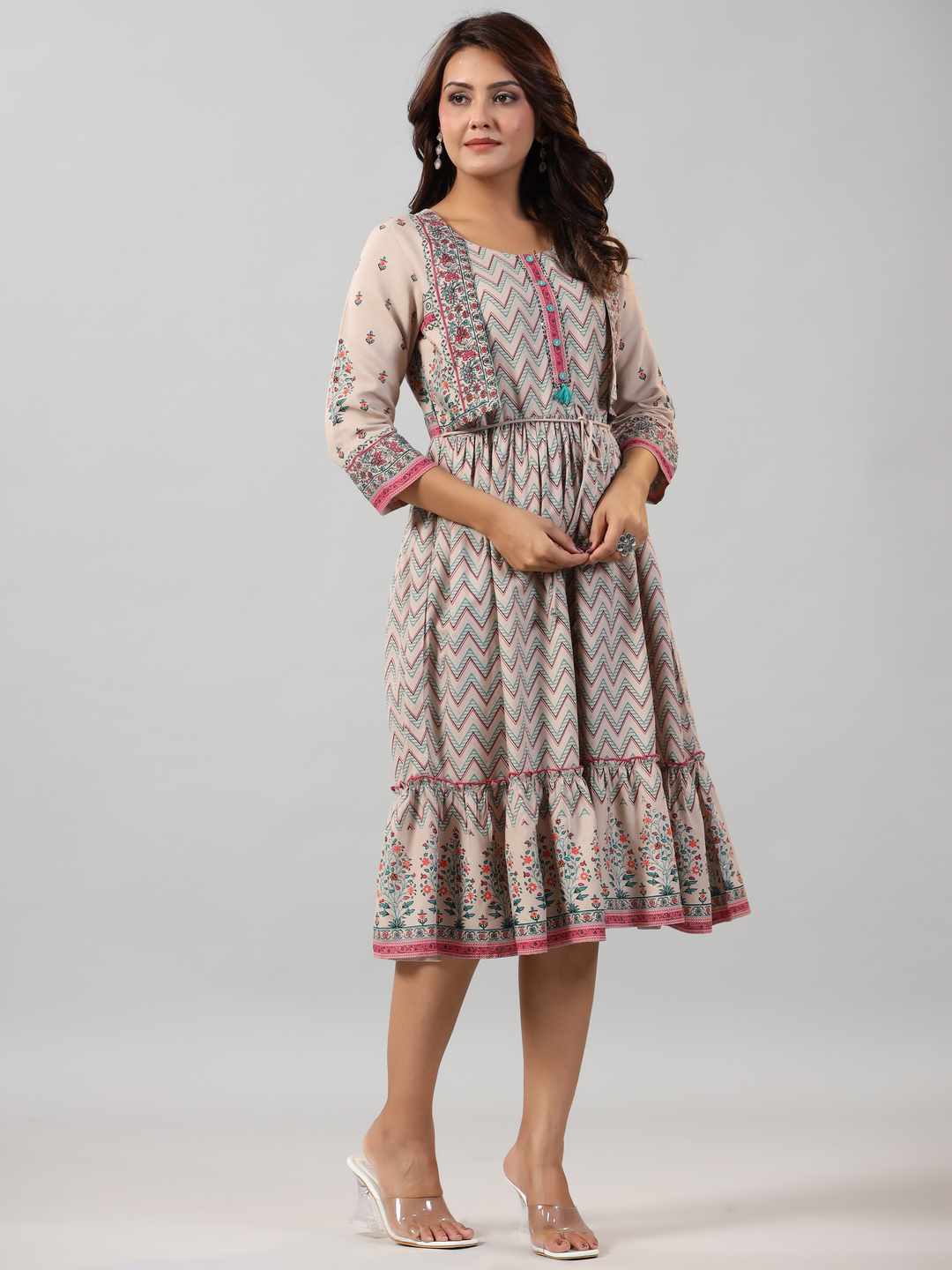 Beige Rayon Printed Jacket Style Midi Dress