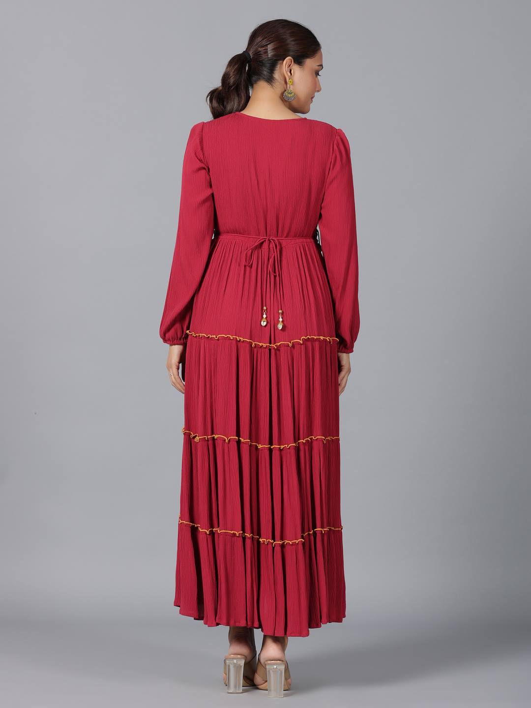 Maroon Rayon Crepe Tiered Maxi Dress