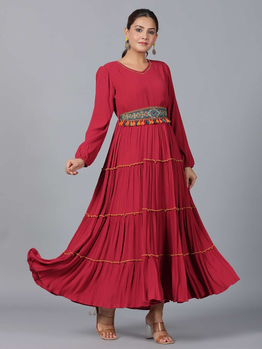 Maroon Rayon Crepe Tiered Maxi Dress
